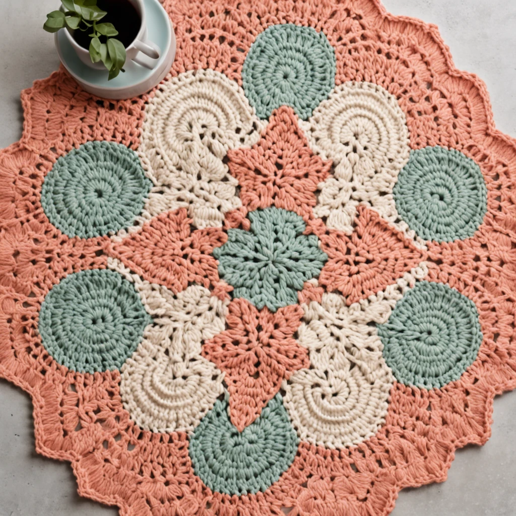 Patchwork crochet rug with colors: Acquamarine e Peach