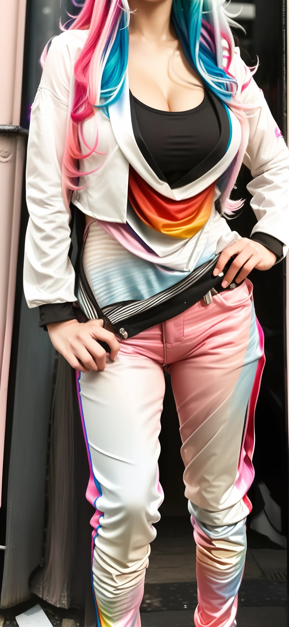 ((bangs, long hair, multicolored hair, gradient hair, two-tone hair, silver hair, pink hair, blue hair:1.2)), 1girl, young cute girl, ((half-body)), outside, raining, work tuxedo suit, black tie, wet clothes, bangs, happy face, blue eyes, cute face, street, crowd,   Ultra Gigantic Breasts: 1.2, (braless), (perfect firm breasts), cute smile, no blur, Ultra detailed, realistic, (( Masterpiece, high res, best quality, 16K UHD, photorealistic, realism, fine detail ))