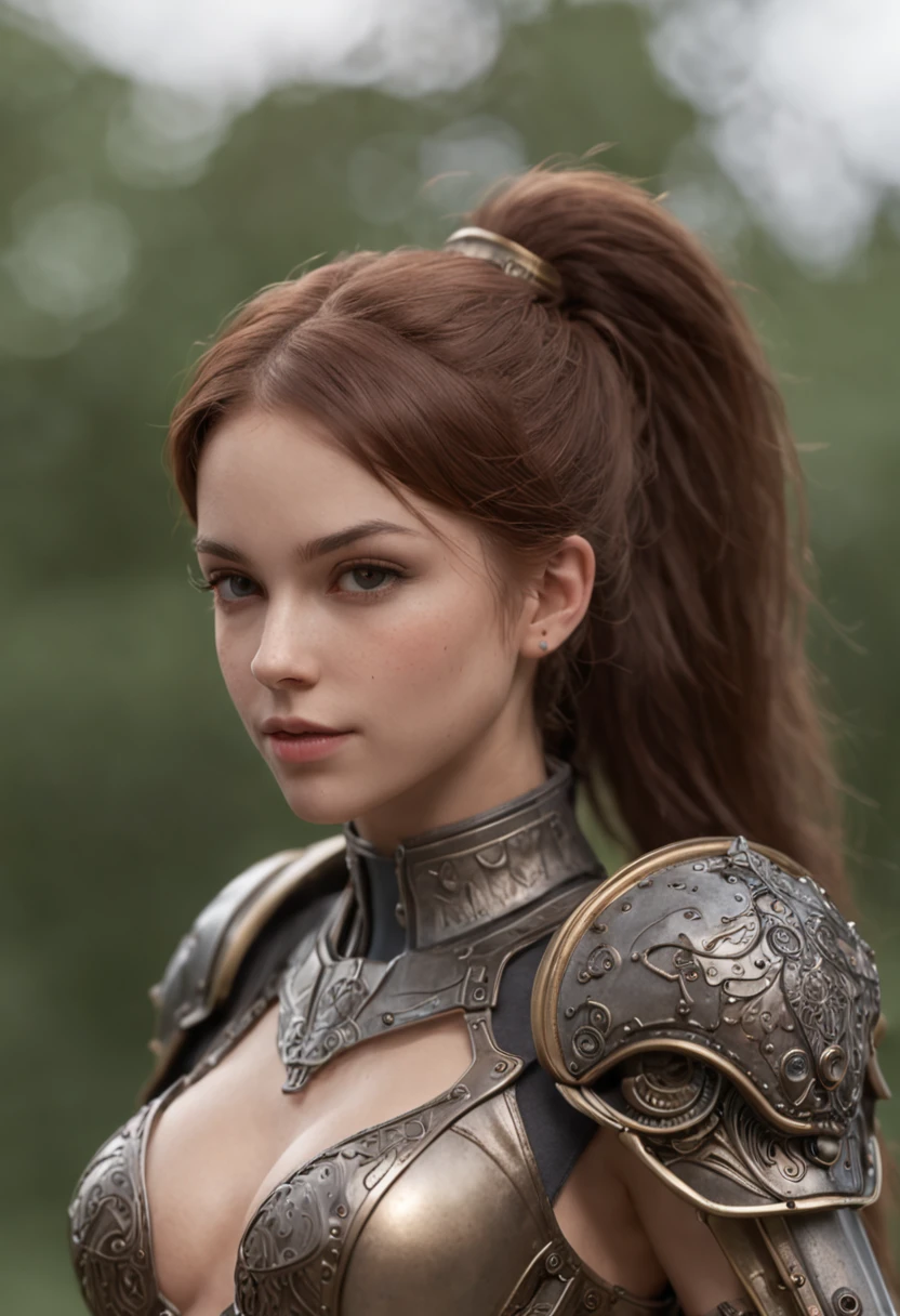 (master part), (melhor qualidade), renderizado, Realistic, Ultra Detalhado, rosto perfeito, corpo perfeito, 1 fita, Beautiful girl, Menina na armadura vermelha, mechanical armor, exosqueleto, stand, pose legal, sexy, looking from behind