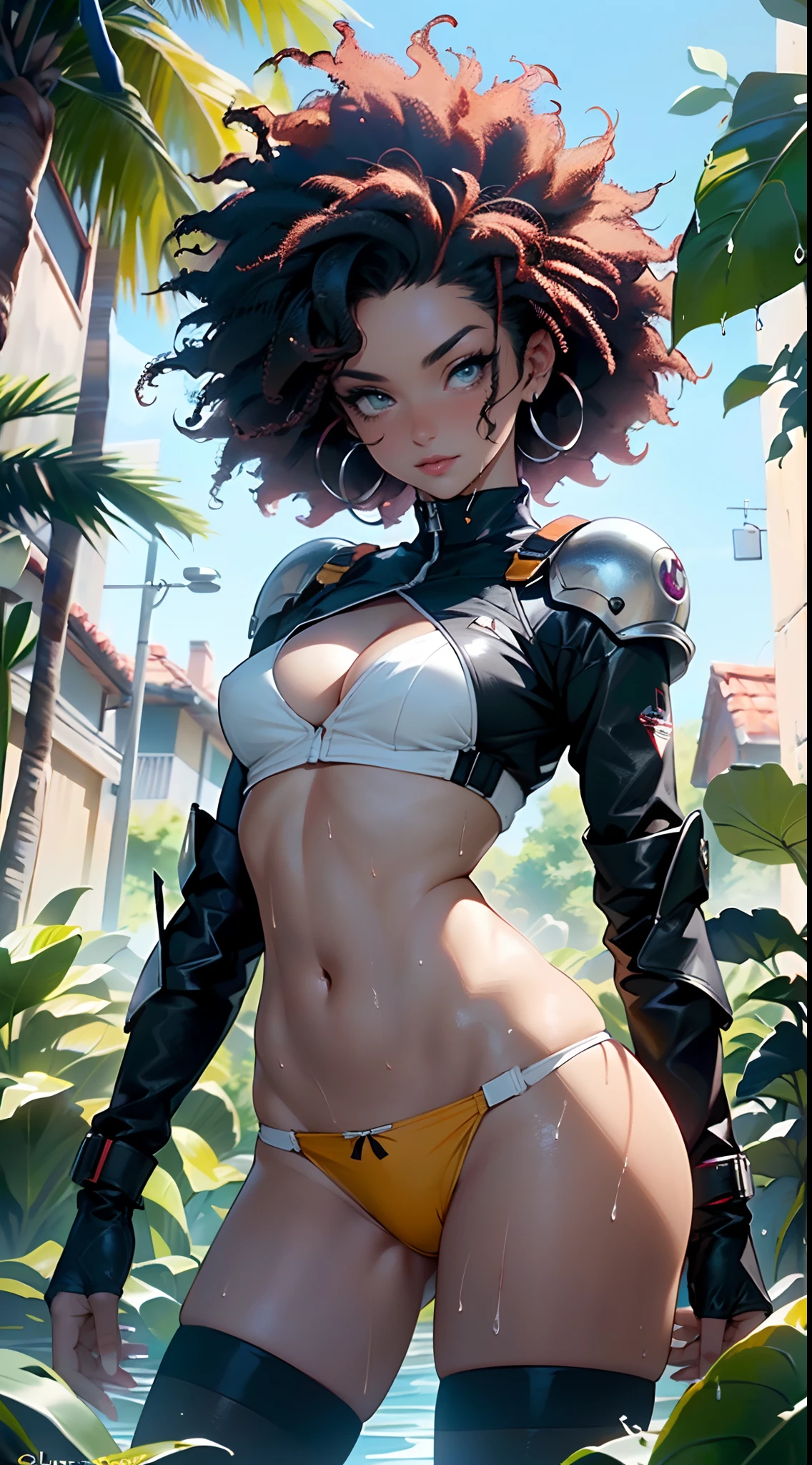 Chica spacepunk,(((1girl))),((linda y hermosa chica de cabello afro)),((((raza negra)))),
(senos grandes:1.4),Saggy breasts,((((Cabello afro negro:1.35,((cabello afro:1.35)),Afrohair,afro:1.35,Cabello OSCURO,cabello negro,)))),cabello mediano,((heterochromia:1.5,ojo1 naranja,ojo2 rojo,ojos perfectos,Ojos volteados hacia arriba:1.3,hermosos ojos detallados,Hermosos ojos finamente detallados:1,Gran punto culminante en los ojos:1.2)),((gordo)),((((tan,dark skin,piel negra:1.35,moreno_hembra,dark skin:1.3,ebony skin,Piel lustrosa:1.5,piel brillante: 1.5,piel brillante,piel muy brillante,cuerpo brillante,piel iluminada,piernas mojadas)))),(spider lower abdomen,cintura estrecha,cadera ancha,atletic body,piernas infladas,Dedos delicados y detallados),((La mano consiste en un pulgar corto y cuatro dedos,mano con solo cinco dedos,(Cara detallada))),
Lindo,guarra,Sensual,mirada seductora,seductor,erotic,encantador,(((NSFW))),
Zettai Ryouiki,Ropa reveladora,Mostrar piel,(wearing a mechanical space body armor:1.3,Micro Bikini,piernas desnudas,un brazo blindado),((ropa mojada,yellow mini skirt Traje detallado,yellow panties,Ropa detallada)),
(dynamic pose:1.0),Enfoque en solitario,avergonzado,(centrado,Escala para ajustarse a las dimensiones,Regla de los tercios),
((((wild, jungle, tribal, horsewoman, wet)))),cielo tormentoso,cielo amenazante,nubes oscuras,((Tema de fondo synthwave,Antecedentes detallados : 1.25)),((((Noche,Nice lighting decorations,Arquitectura detallada)))),
(La mejor calidad,High resolution,foco nítido,Ultra detallado,extremadamente detallado,Ilustraciones de muy alta calidad,(realista,fotorrealista:1.37),8k_papel tapiz,(CG 8k extremadamente detallado),(muy fino 8K CG),((Hyper super ultra detallado pieza perfecta)),impecable,(((Obra maestra))),illustration,colores vibrantes,(intrincado),alto contraste,Selective lighting,Doubleexposure,HDR (High Dymanic Range),Post-procesamiento,Desenfoque de fondo,
