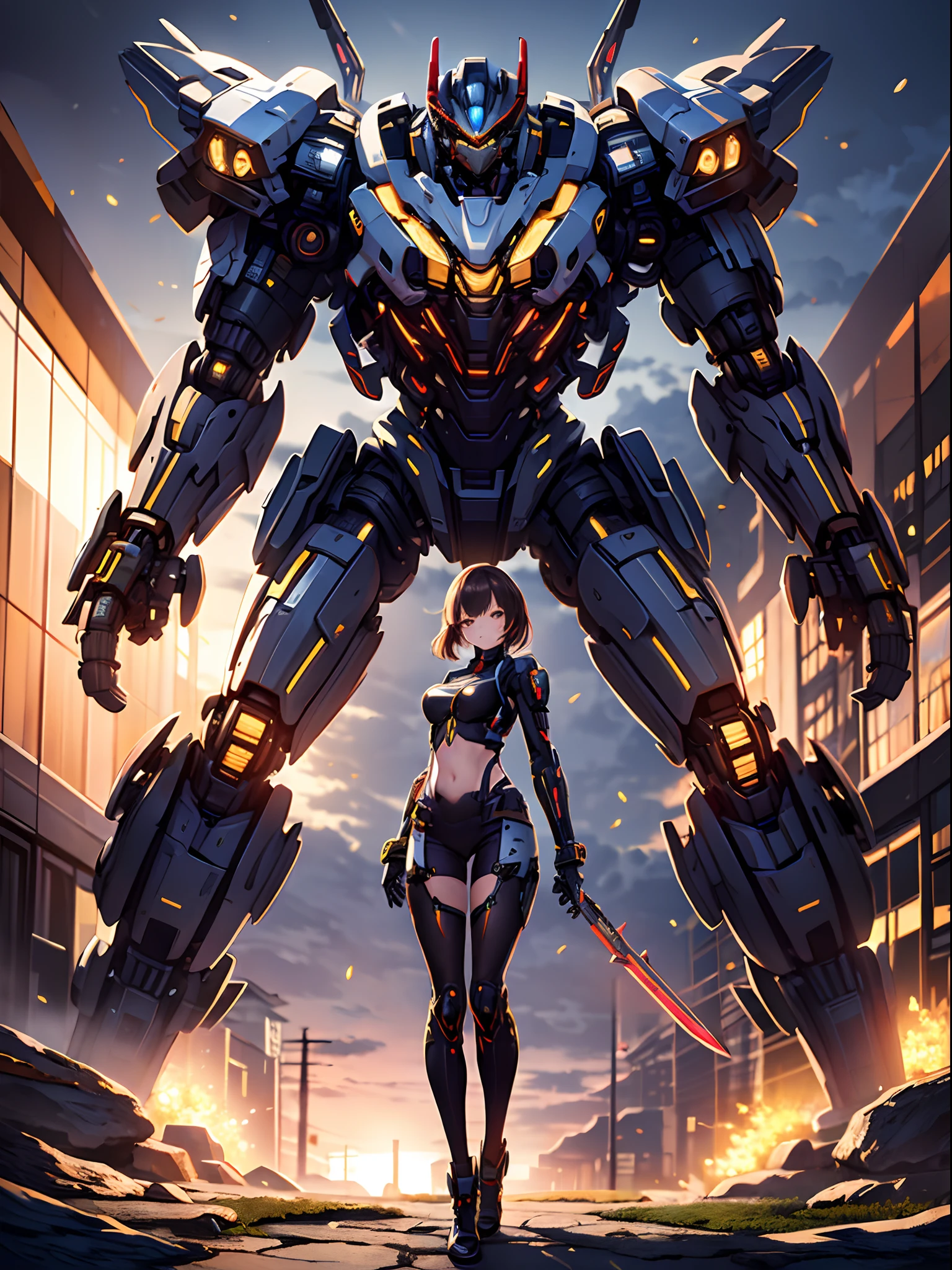 ((masterpiece, best quality)),illustration,ultra detailed 8k,photorealistic,sharp focus,highly detailed,professional lighting,colorful details,iridescent colors BREAK extreme long shot of a factory,large mechanical robot claw,microchip,computer,glowing,intricate details,shitu-mecha,1girl is standing in front of the audience wielding dual sword in ninja suit,Navel
