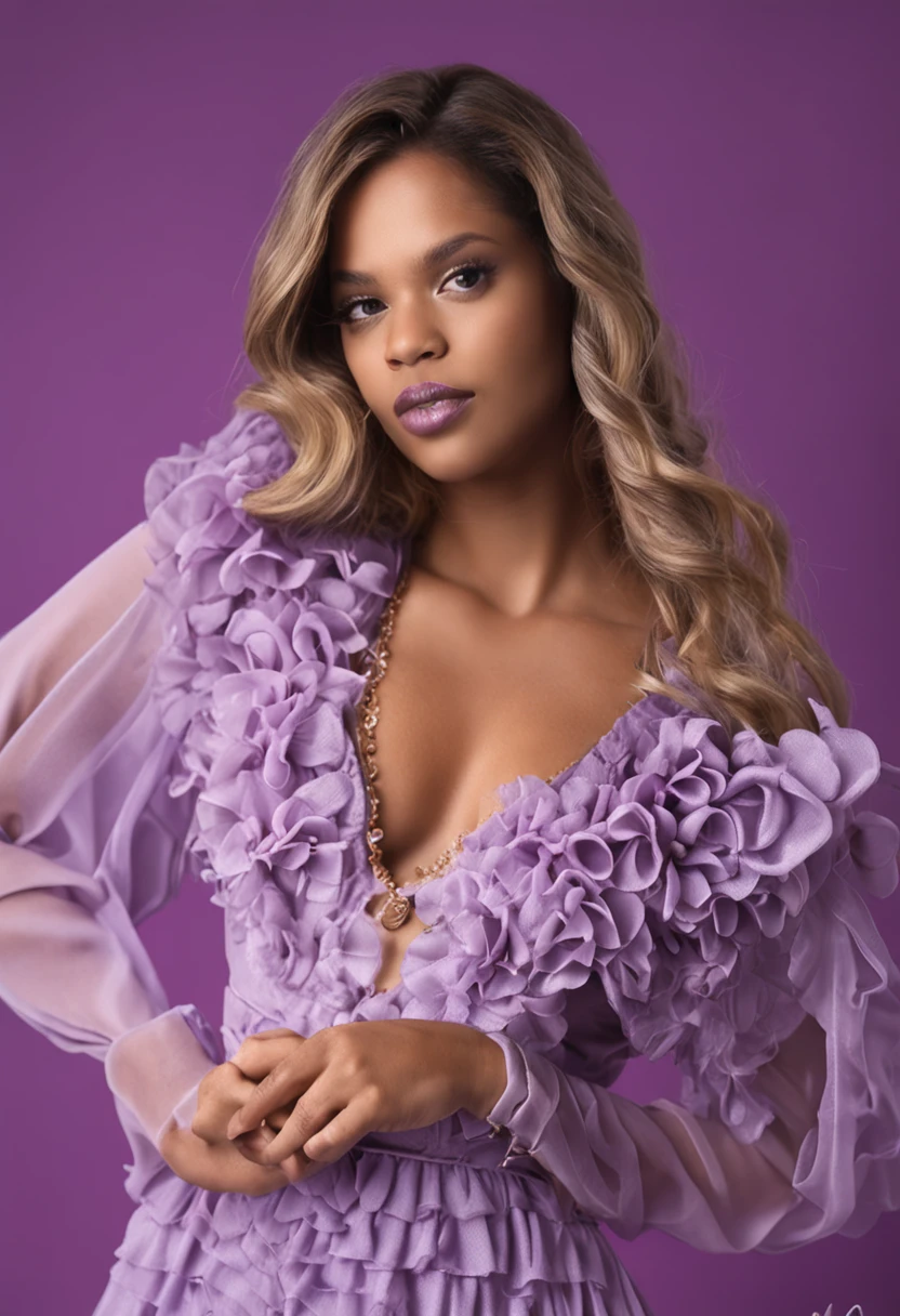 (mulher, 23 anos), (pele branca), (lilac iris eyes), (sorrindo mostrando os dentes), (gleaming, reddened lips), (aparentemente rica), (wearing a lilac dress), (cabelos longos, soltos, metade preto e metade branca), (sentada numa poltrona).