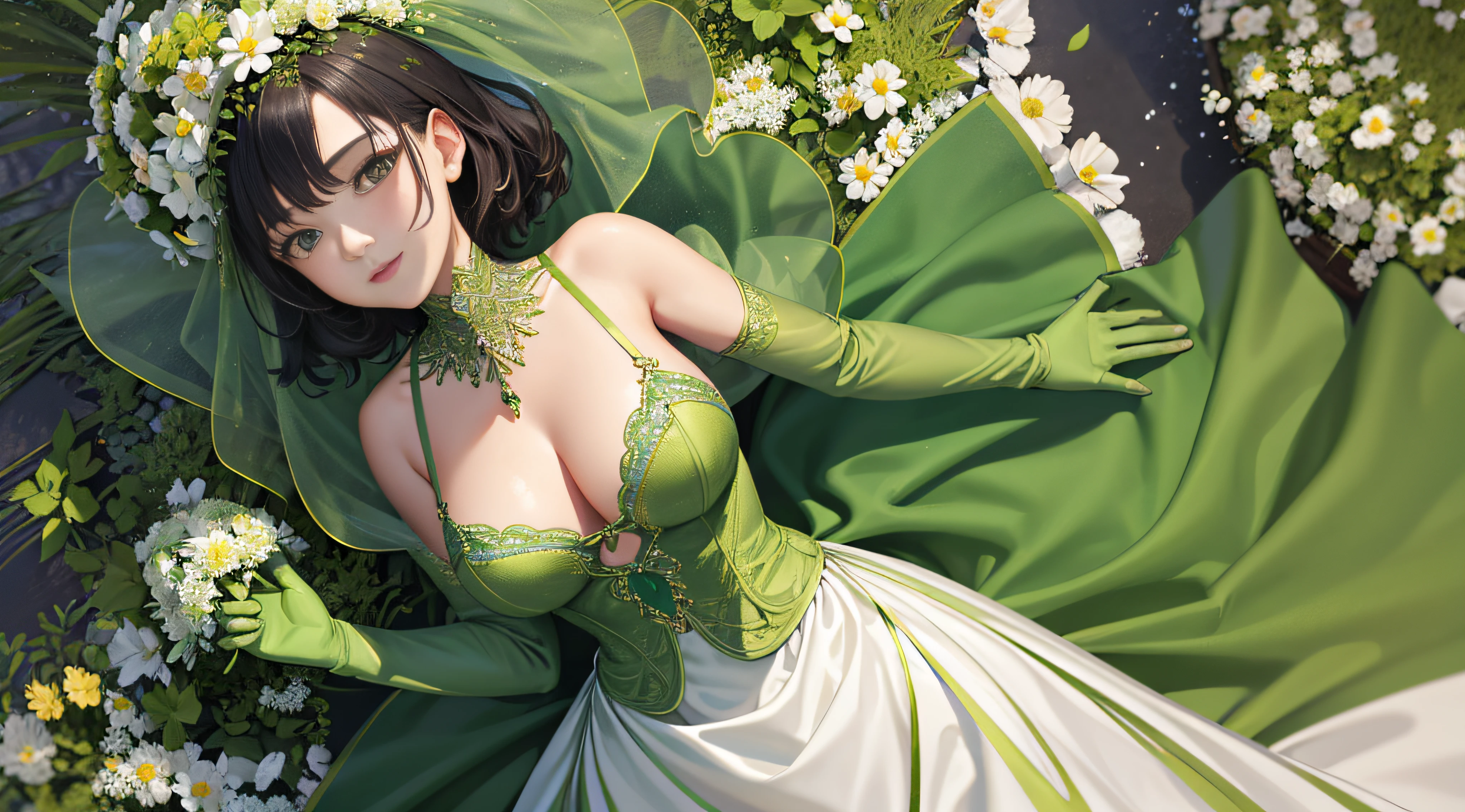 best qualtiy,tmasterpiece,1girll,10yaers old,Green dress,Surrounded by flowers,The upper part of the body,closeup cleavage,With short black hair,big breasts beautiful,looking at viewert,ssmile,Green Bridal Veil,Green Long Grove,Satin Green Long Gloves, the kiss, lesbian