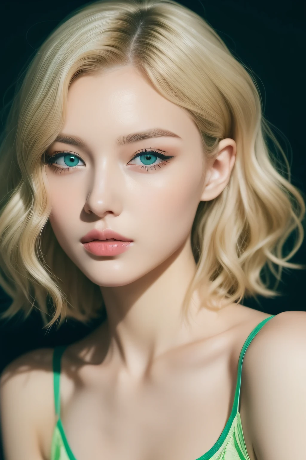 woman short wavy blonde hair and green eyes