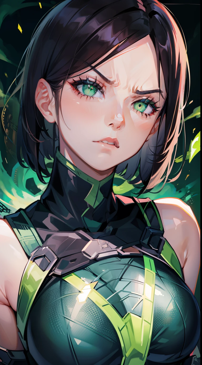 Masterpiece, Best quality, 《Fearless viper》, tightsuit, mitts, belt, thigh boots, respirator, view the viewer, face, Portrait, Close-up, Glowing eyes, green smoke, Black background,huge tit,Raised chest,Close-up of a woman's legs,chest focus,Woman in bikini,angry look,Extremely erotic figure,Staring angrily at the screen