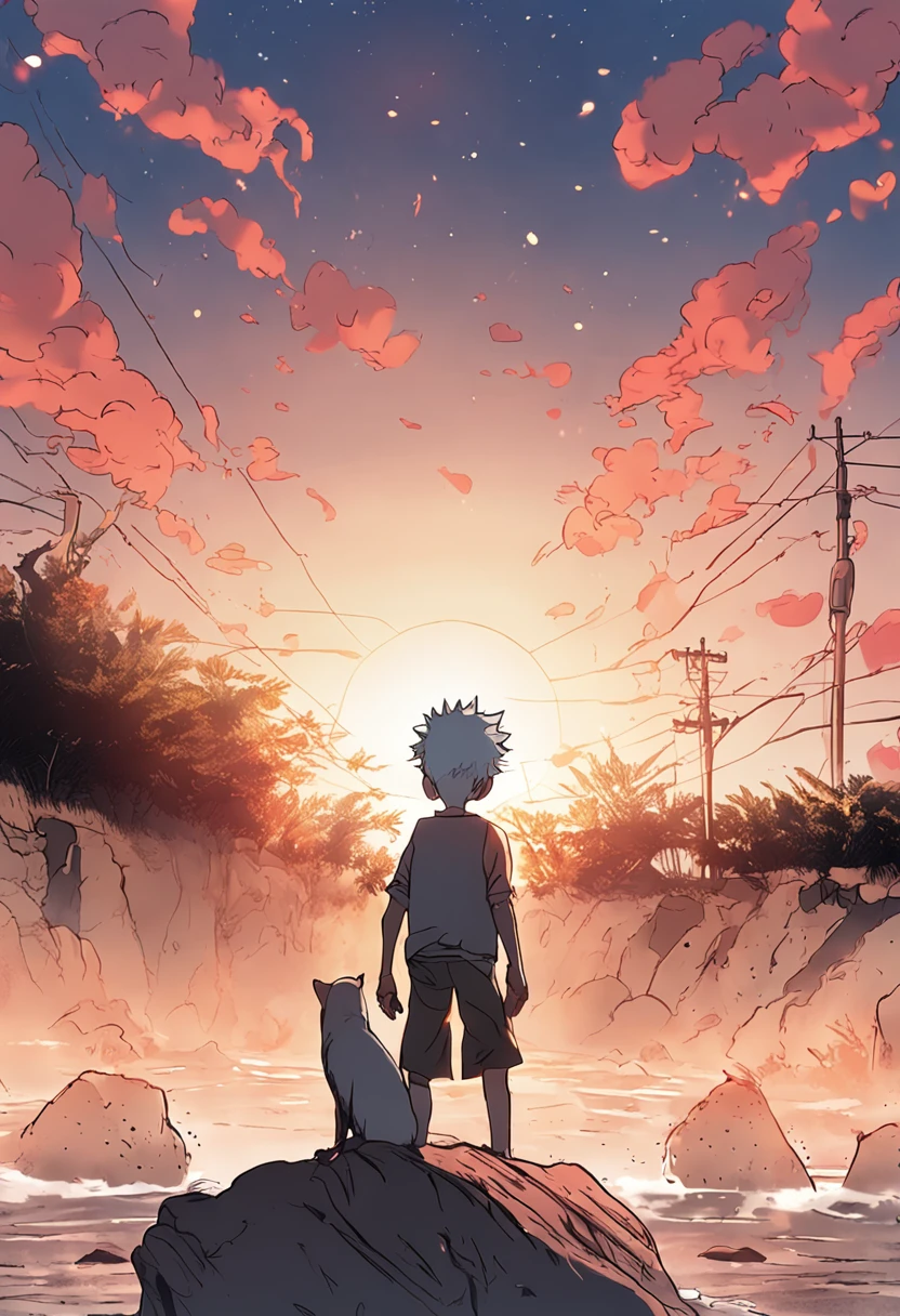obra-prima, melhor qualidade, filme jujutsu kaisen, gojou, garoto nuvem, floating into the sky, close-up, brilhante, feliz, Soft lighting and Warm, sun sunset, (Sparks: 0,7)