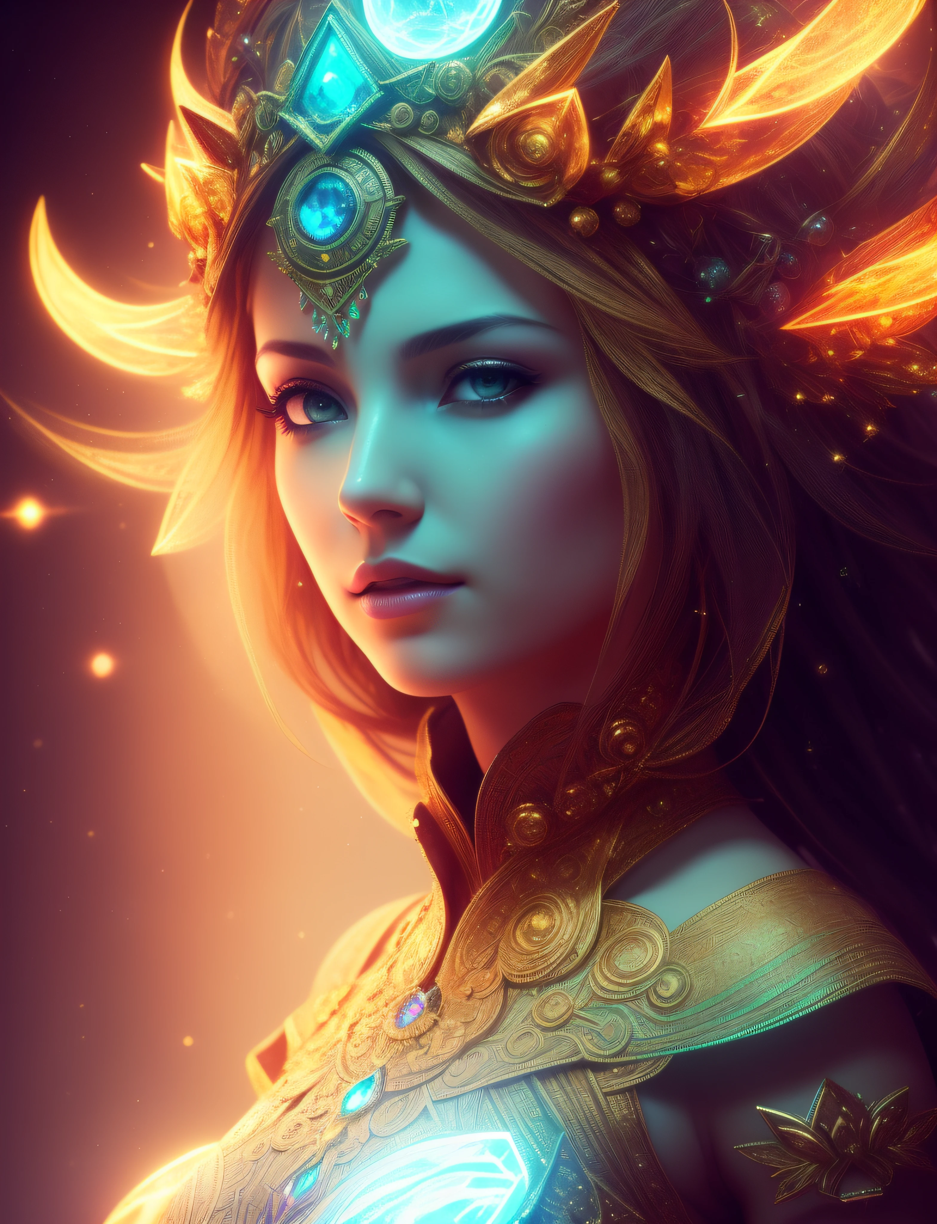 Algorithmically enhanced random close-up view of a sublime female Goddess covered in powerful Ultra Arcane magic sigils wearing an intricate living lightning fractal crown and lavishly adorned attire reflecting tactical sun-motes and diamond moon shards, quasi-cosmic vortex sub-model, bright nebulae in the background, 7th-Sphere characterized, golden ratio-ed, inner bio-illuminated geometry, starkest contrast,flagrantly fibonacci formulated, dynamic bi-lateral asymmetry, super-critically unique, quantum feedback algorithm frenzy, hyper-realistic, post singularity AI imperative, ironically staggered data set, active 3D shading, lighting and focus, random 3D particle effects, rule of thirds, Unreal Engine 10, art station, Maximum Level of detail, concept art, art nouveau, 8k, Iridescent Primalight, Hawking radiation collector with lucidity crystallizer and grade A temporal accumulator, spontaneous Kozyrev Mirror refraction, cosmic ray visionary, innate Jail Break Protocol