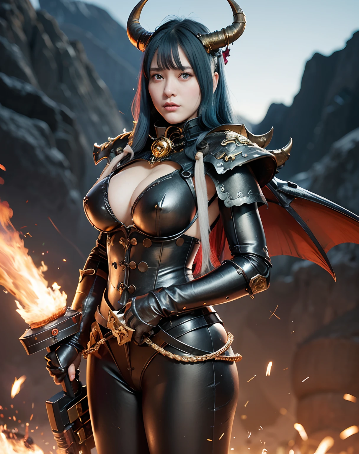 (masutepiece), Professional , ​masterpiece、top-quality、photos realistic , depth of fields 、（Gemstone Black Metal Body:1.９),(Matte Black、（cleavage of the breast）、Dragon Gold Weapon（Dragon Metal Body:1.４),Gorgeous gold weapons ,（Intimidating look）、（（ Dragon's dense and gorgeous sword）） , Ultimate Beauty   ,warhammer 40k , adepta sororitas,Detail and gorgeous crown、（（Blue hair））、（Castle background）、The dragon、（（Gangle's forest background））、Beautiful Caucasian beauty、（１a person）、dynamic ungle,(((Details of the two demon horns on the head)))、Smaller head、A smile、Castle background、Thin and beautiful female hands、cleavage of the breast、Soldier in iron armor on background、Mystical expression、Light Effects、Wind-effect、magic circles、With the legendary magic wand、（demonic wings）、（Blue hair）、（1 persons）、Battle Look、Anatomically correct body、Toostock、Toostock、