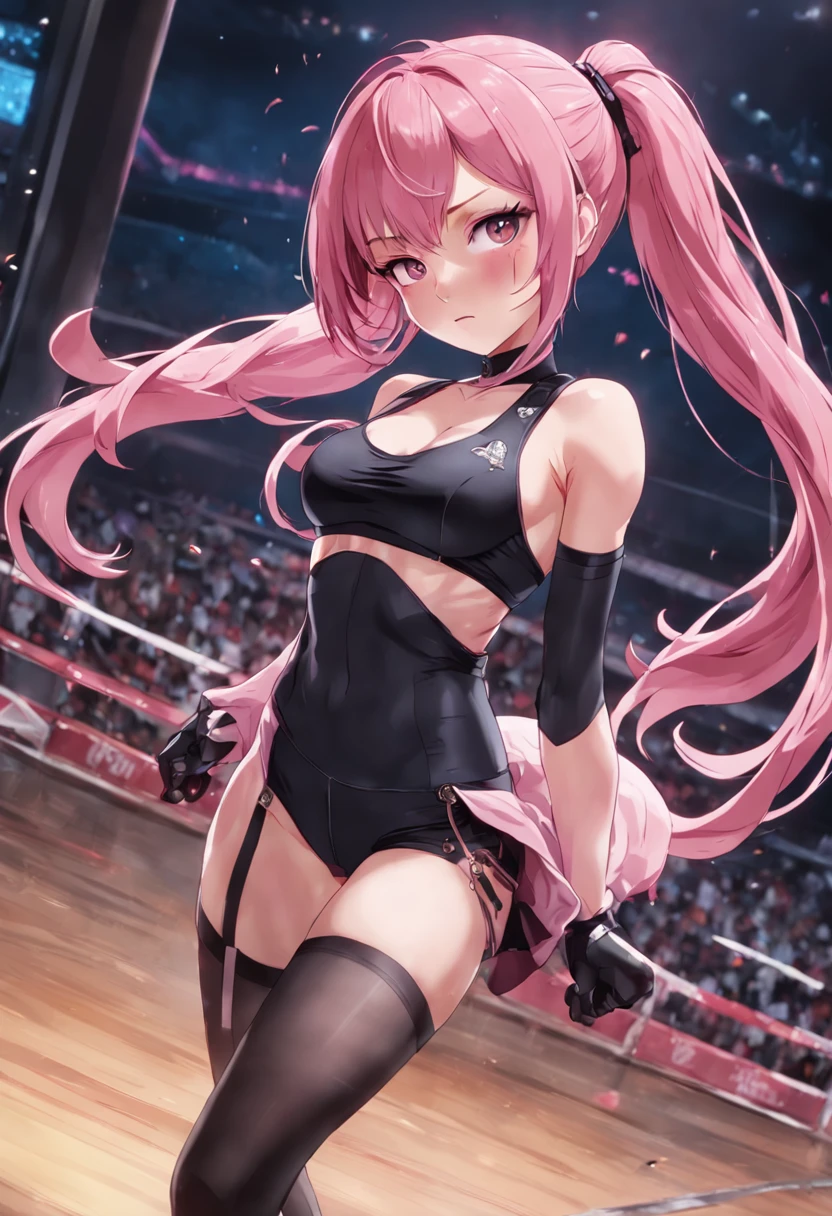 Beautiful woman, 1 girl, pink hair woman, fighting stance, black pantyhose, black gloves, sports bra, jewelry, shorts, J thighs. pink hair, drills, asymmetrical hair,