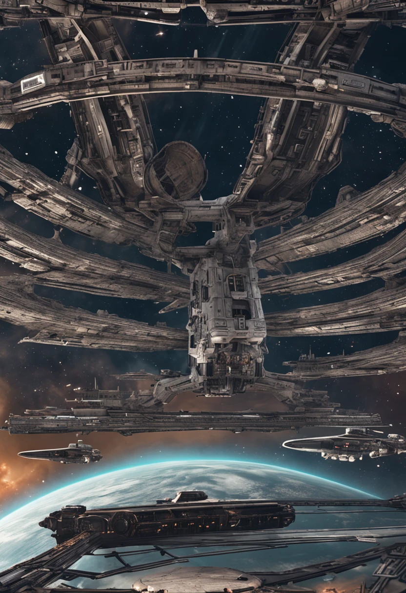 A huge handsome mechanical aircraft carrier in space,Star Wars,There was a war,There are surreal weapons,There are beautiful planets in the picture,worm hole,sci-fy,hyper realisitc,realistic raytraicing,realistic detail,Complicated details,hyper HD