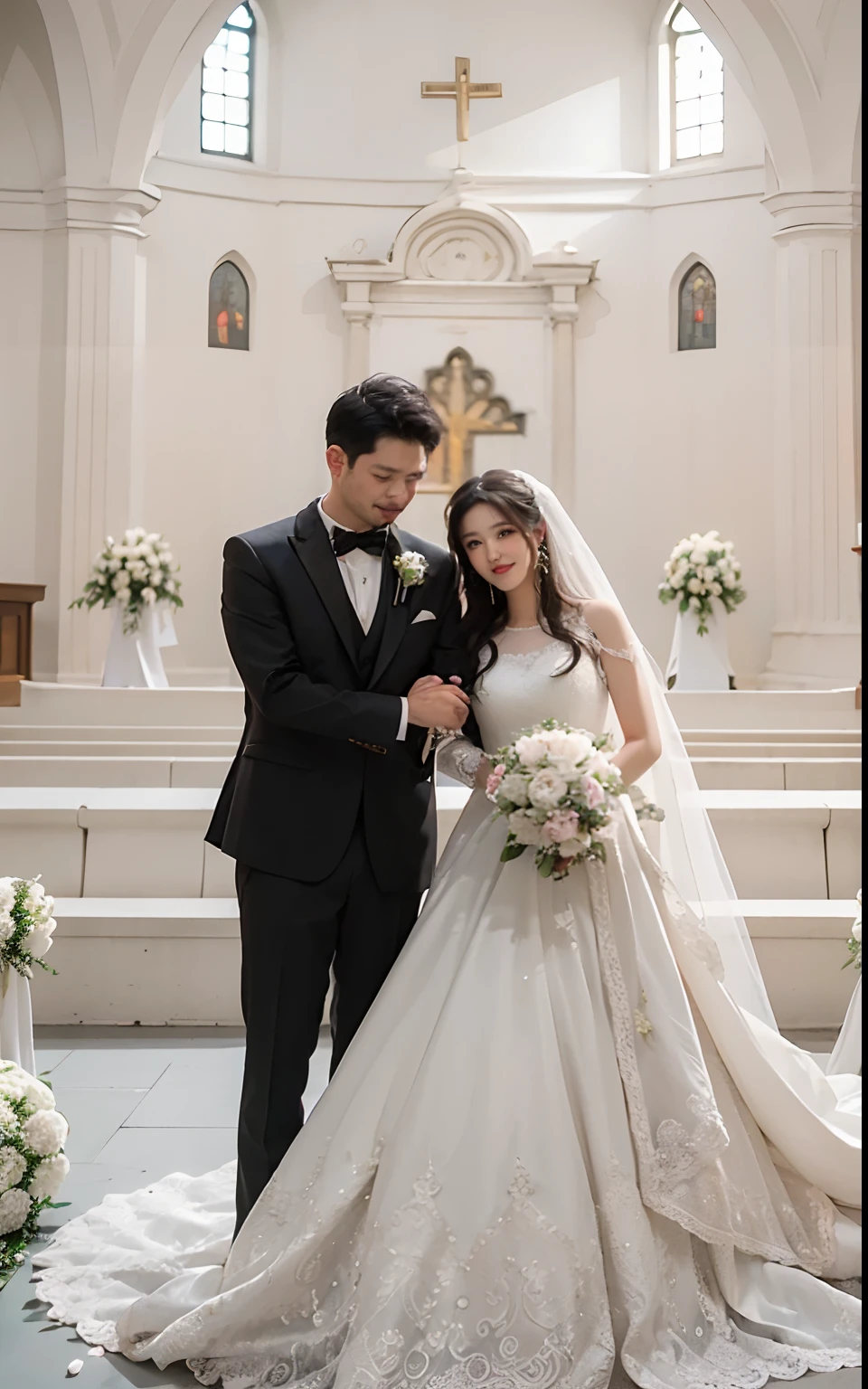 The picture depicts a traditional wedding ceremony set in an elegant and ornate indoor venue. The bride and groom stand at the center of the room, with the bride wearing a flowing white wedding gown and holding a bouquet of vibrant flowers. The groom is dressed in a sharp black tuxedo and looks at his bride, beaming with pure love and admiration. Surrounding them are their wedding guests, who are also dressed in their finest attire and radiating joy and happiness. The venue itself glows with luxurious adornments, such as sparkling chandeliers, intricate floral arrangements, and elegantly decorated tables. The focal point of the room is a beautifully decorated altar, complete with candles and lush greenery. The atmosphere is one of pure celebration and romance, capturing the unforgettable ambiance of a magical wedding day.