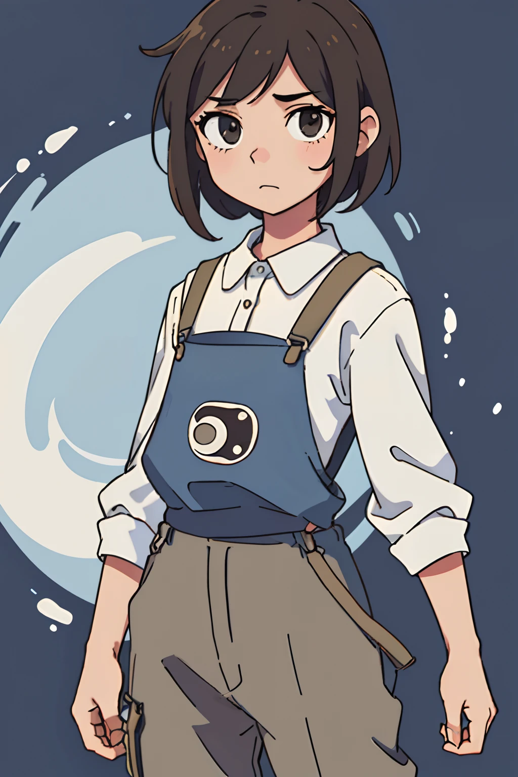 (best qualtiy:0.8),(best qualtiy:0.8),Perfect anime illustration,A girl frontal,((Three-quarters),(with short brown hair),(Suspenders)),Young, simplebackground,(long sideburn),Poor milk,laughingly,long trousers,long sleeve t-shirt,modern day,(Sling with cloth on the front)
