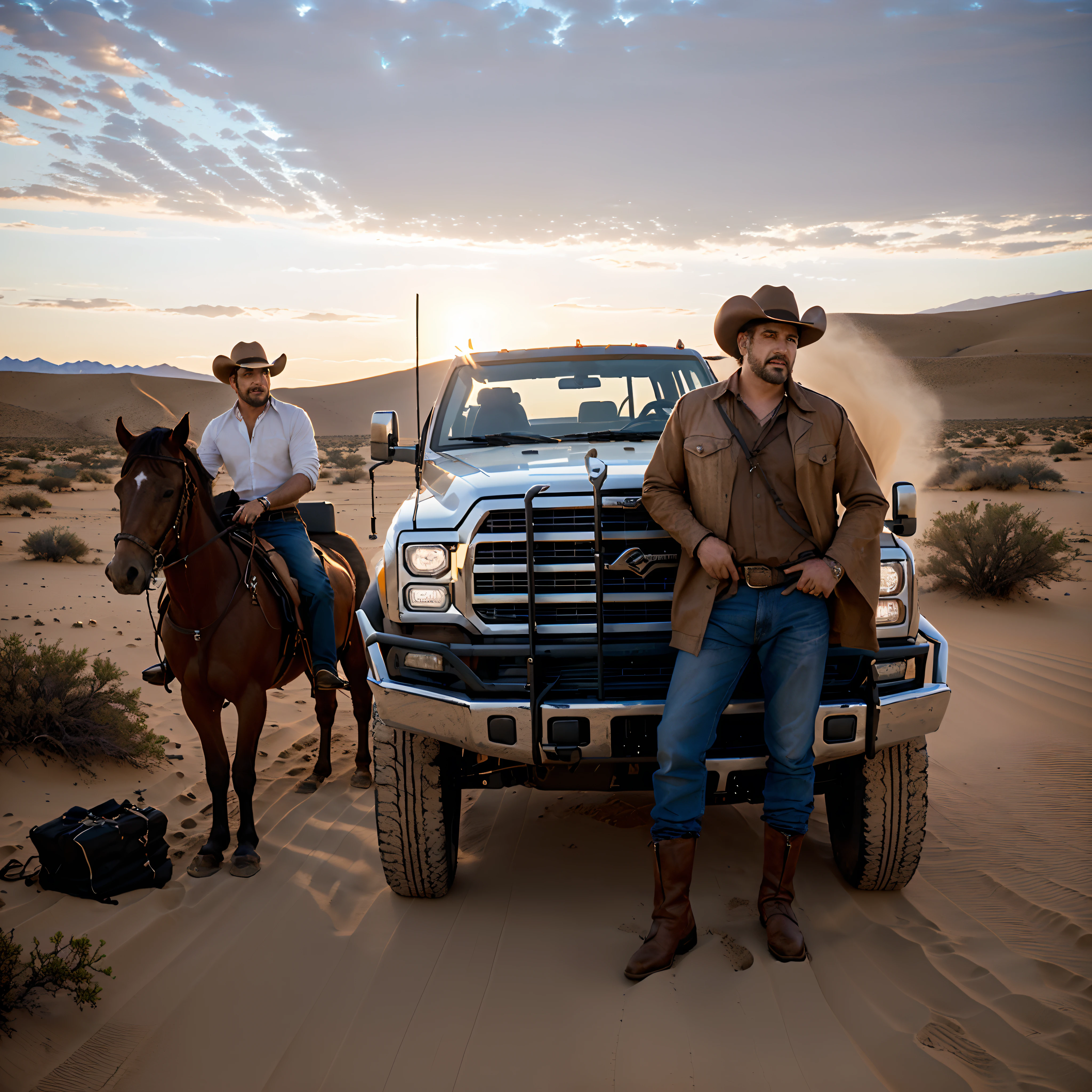 It's two men riding horses in the desert next to a truck, Directed by: Jeffrey Soares, xerife e cowboy, Directed by: Miguel Dahl, promocional ainda grande angular, Cowboys, Directed by: Scott M. Fischer, Directed by: Dietmar Damerau, promocional ainda, Directed by: Arnie Swekel, Filmado do filme, foto ainda, Directed by: Linda Sutton, filme promocional ainda, Directed by: Randall Schmit