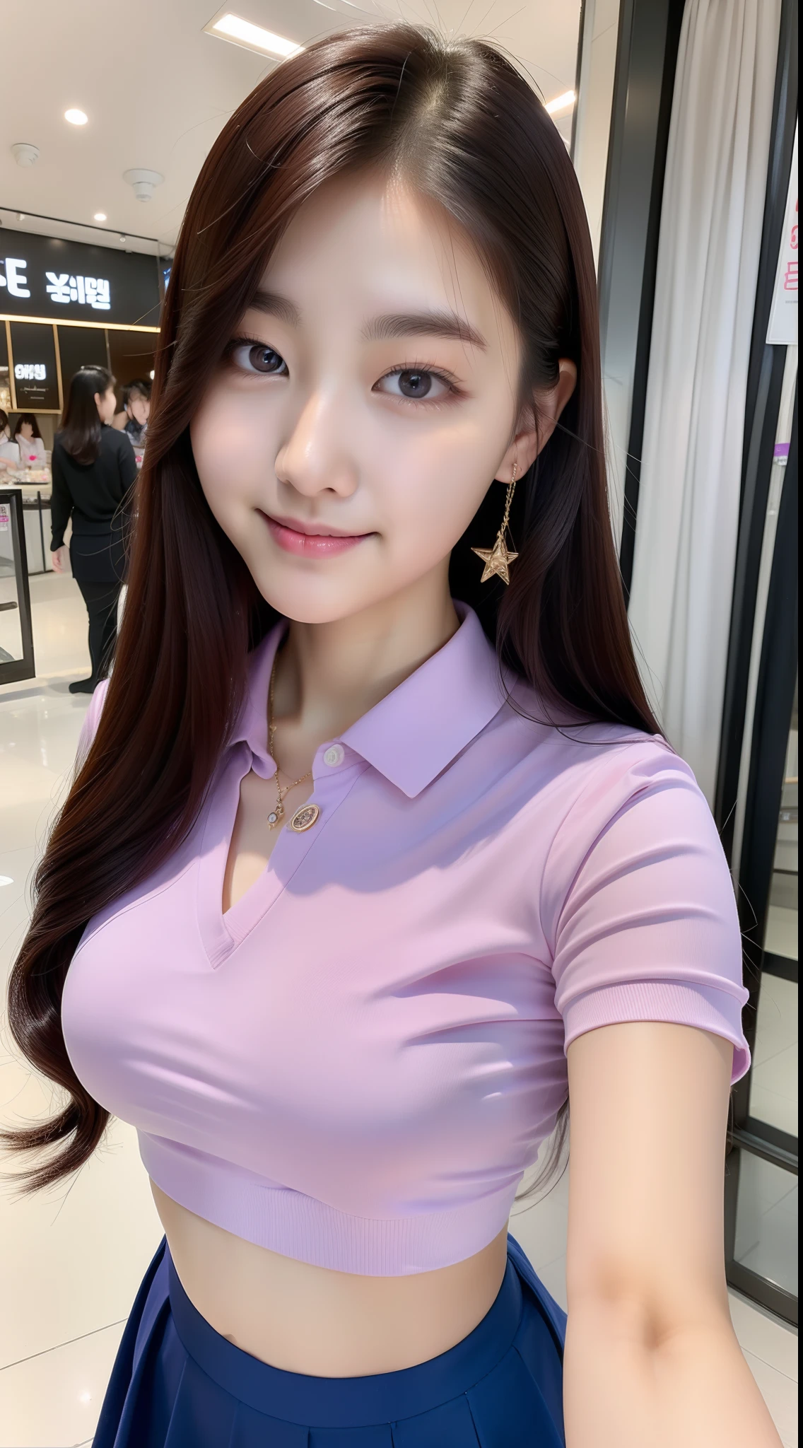 realistic photos of (1 cute Korean star) curtained hair, white skin, thin makeup, 32 inch breasts size, slightly smile, wearing purple waist tie shirt, skirt, close-up, selfie, at shopping mall, 16k