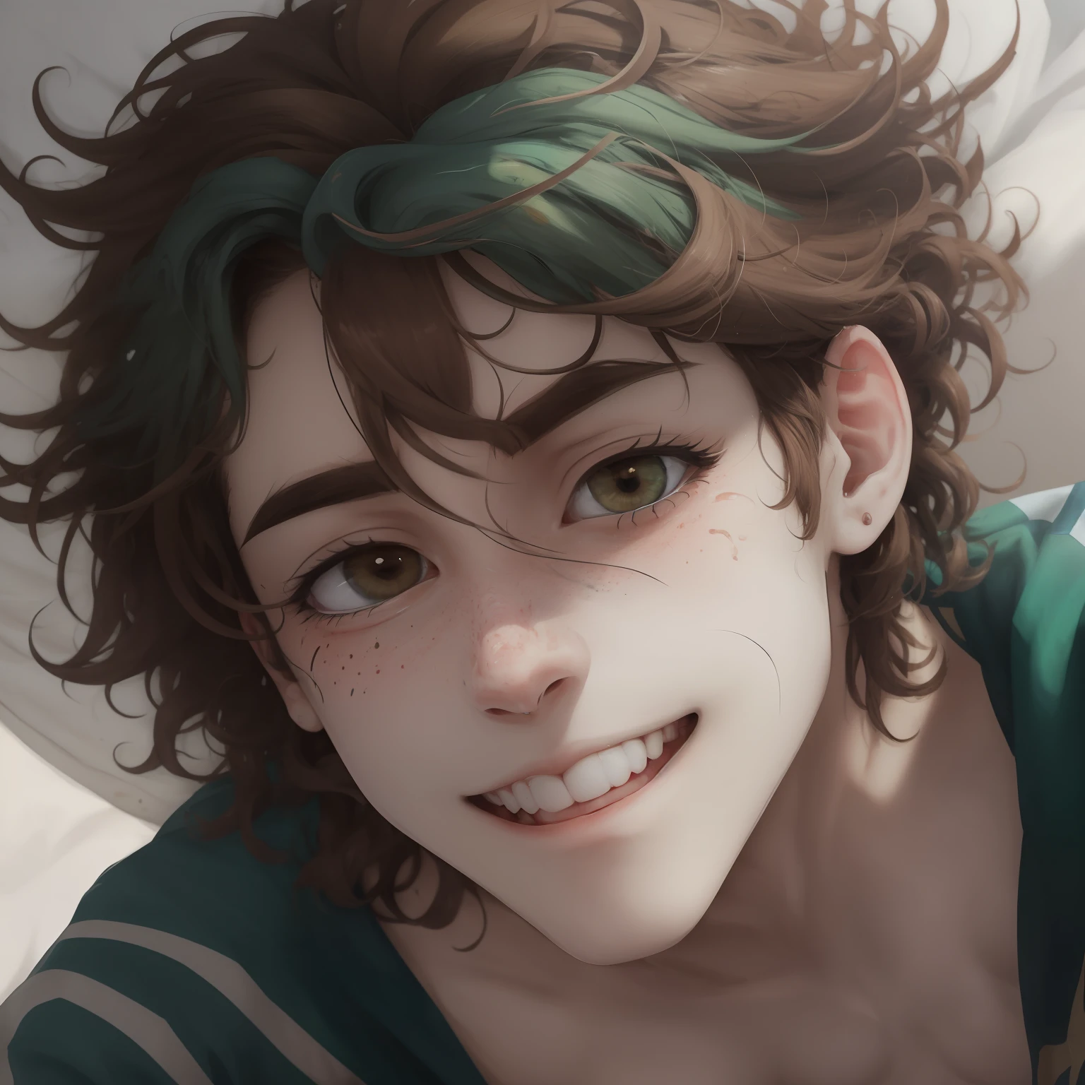 Desenho de Um garoto magro e alto para sua idade, with messy brown hair falling over his forehead. His curious eyes are the color sea-green and he has an infectious smile. Anime