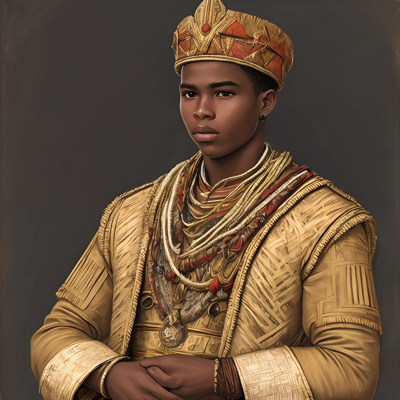 "Draw a realistic portrait of a young and incredibly beautiful Zulu prince, vestindo trajes tradicionais ricamente decorados, with confident expression and distant gaze."