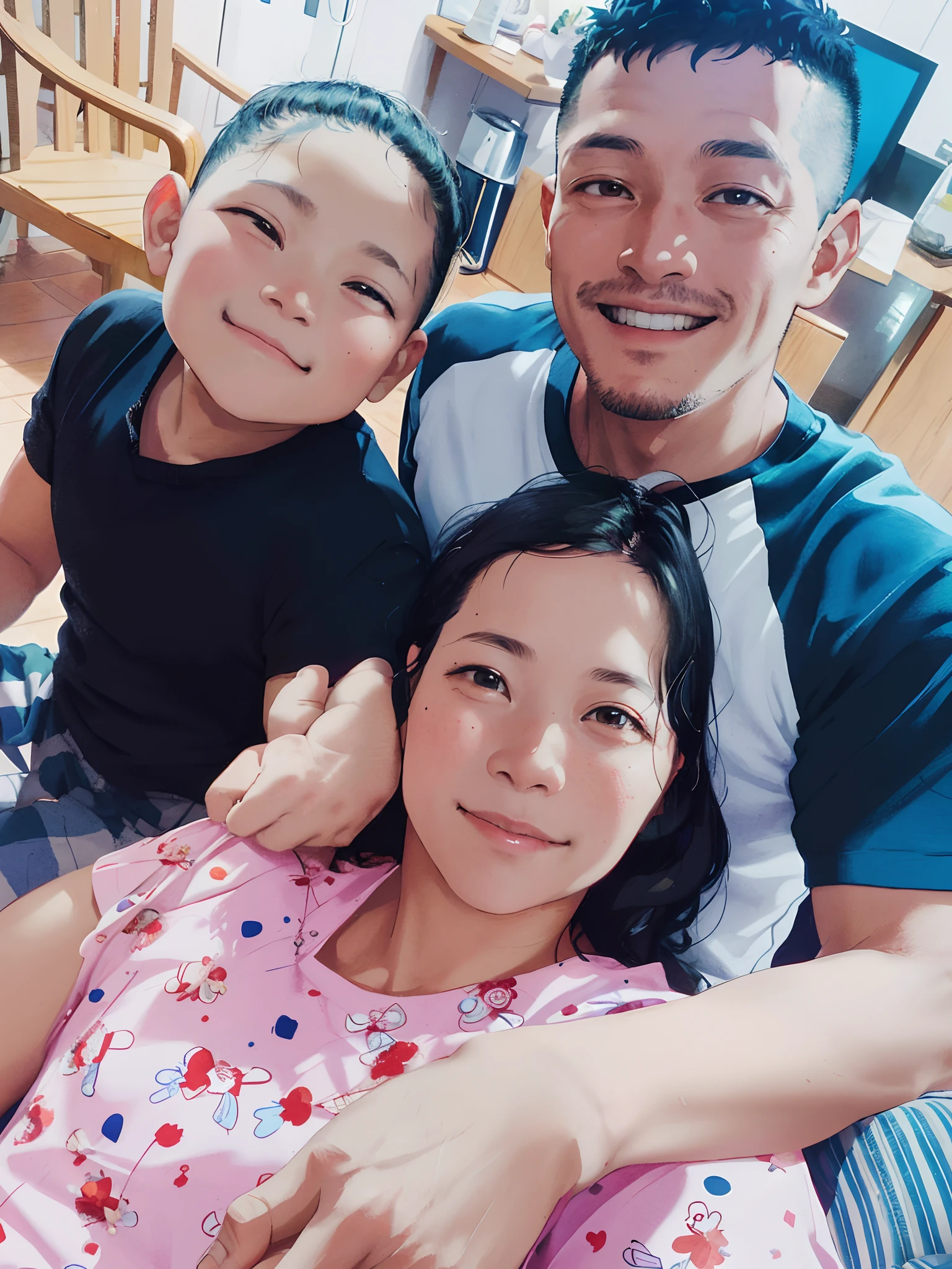 there is a man and woman sitting next to a child, husband wife and son, happy family, profile image, facebook post, 38 years old, profile photo, 3 , 3 2 years oldold, 3 5 years old, barong faait of family of three, 2 7 years old, john jude palencar