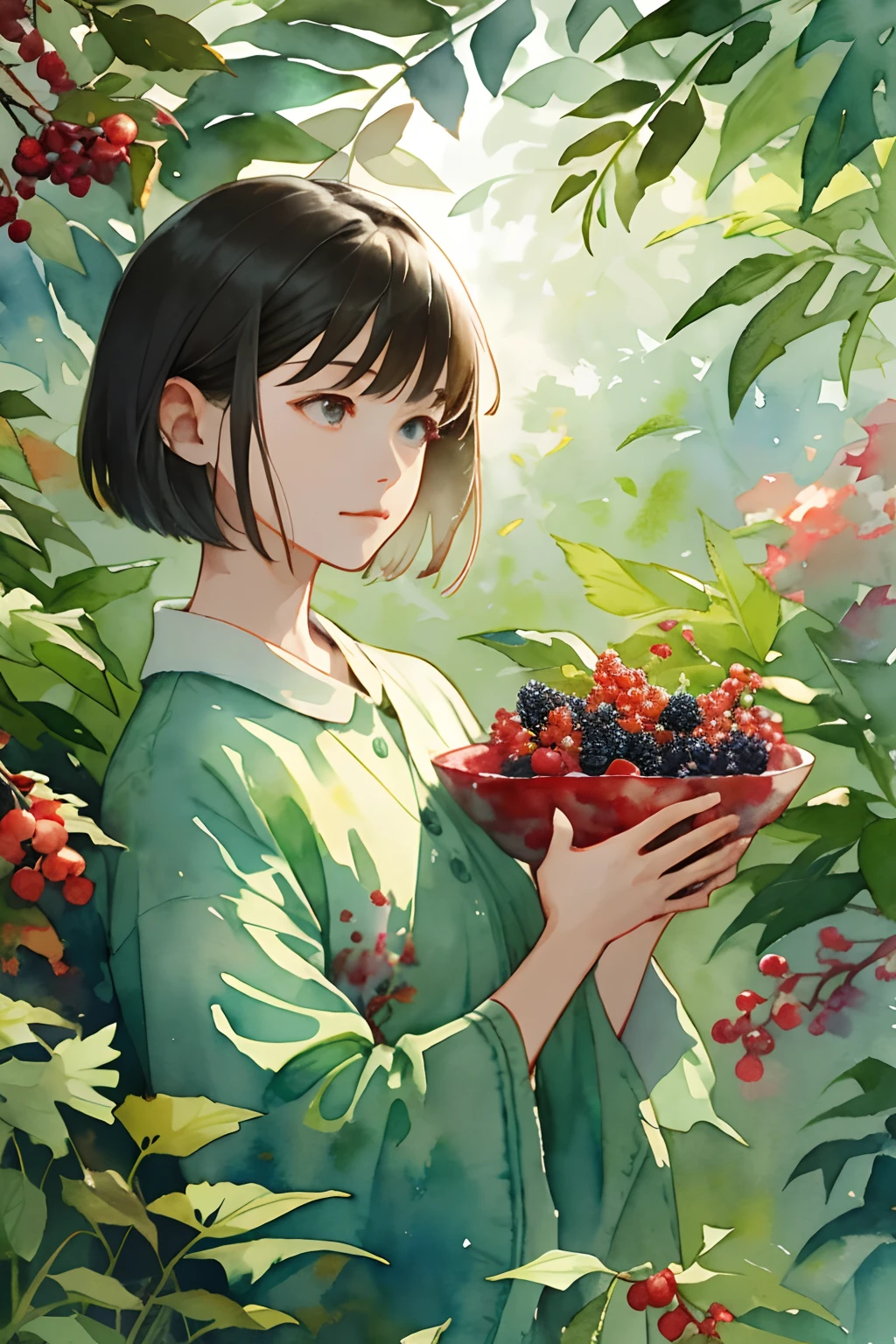 ((super detailed), #3b4195背景, beautiful flowers, berries, ferns, leaves, watercolor pattern of calming colors), (watercolor texture), ((1 girl), short hair, cute,