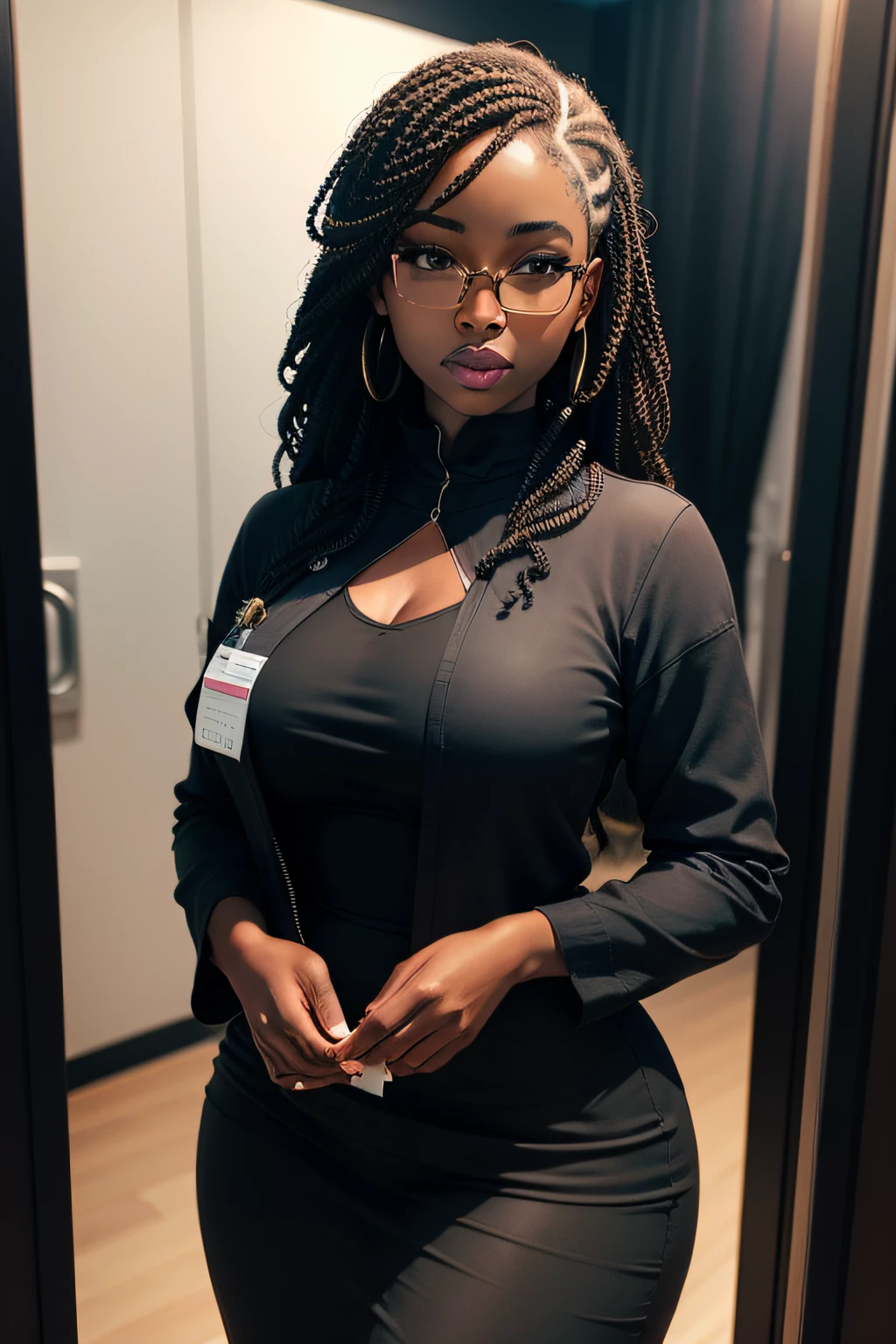 realistic photo id of a black woman formally dressed in studio