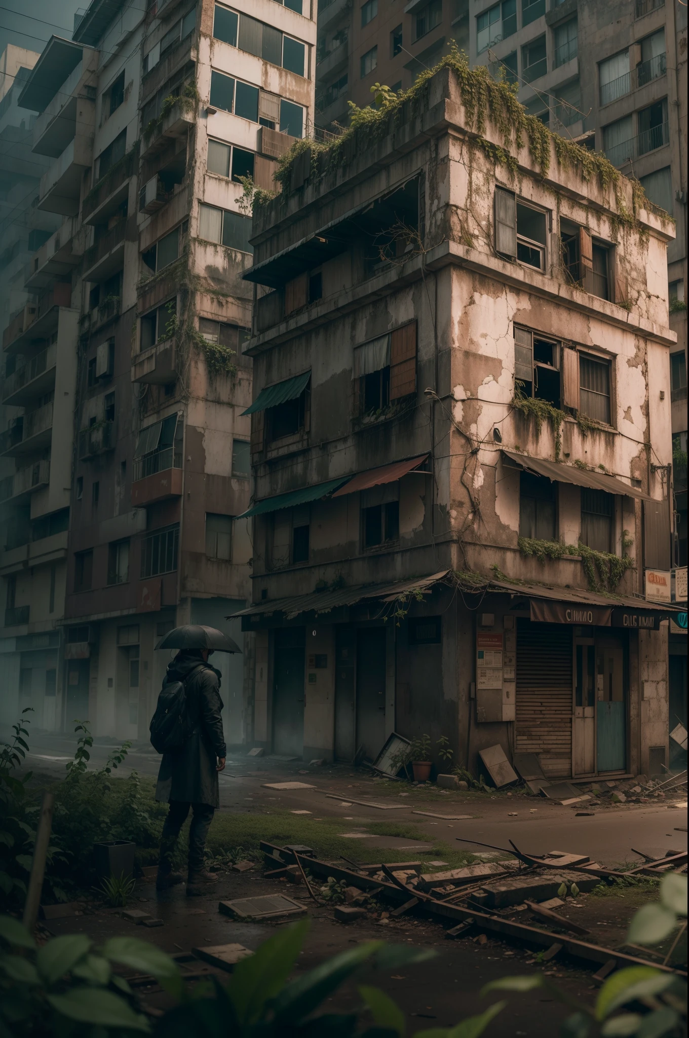 (((Cidade sombria))), feiras de rua vendendo carnes podres, ((pessoas estranhas sinistras nas ruas sombrias)), artemosfera pesada, sonho, An apocalyptic cityscape haunting and covered at night Description: Esta fotografia hiper-realista retrata uma paisagem urbana abandonada no rescaldo de um apocalipse. Towering skyscrapers hang over your head, their windows shattered and walls crumbled.. A natureza tomou conta, with vines and vegetation climbing the buildings and swallowing the streets. The ominous glow of broken digital plates adds a touch of another mundane atmosphere to the scene. ambiente: ao ar livre. Time of day: noite. tempo: Rainy with a thick layer of mist engulfing the city. Estilos de Arte: Hiper-realismo, apocalyptic, Haunting Artistic Inspirations: Dark and atmospheric artworks from Deviant Art, Scenes from apocalyptic movies Camera Shot: Medium Shot Camera Lens: Vista 85mm: side-lighting: Studio lighting with strategically placed reflectors illuminating specific elements amid darkness Resolution: Detalhe 64K: capturing each decomposition texture, Supercrescimento, e o jogo de luz e sombra