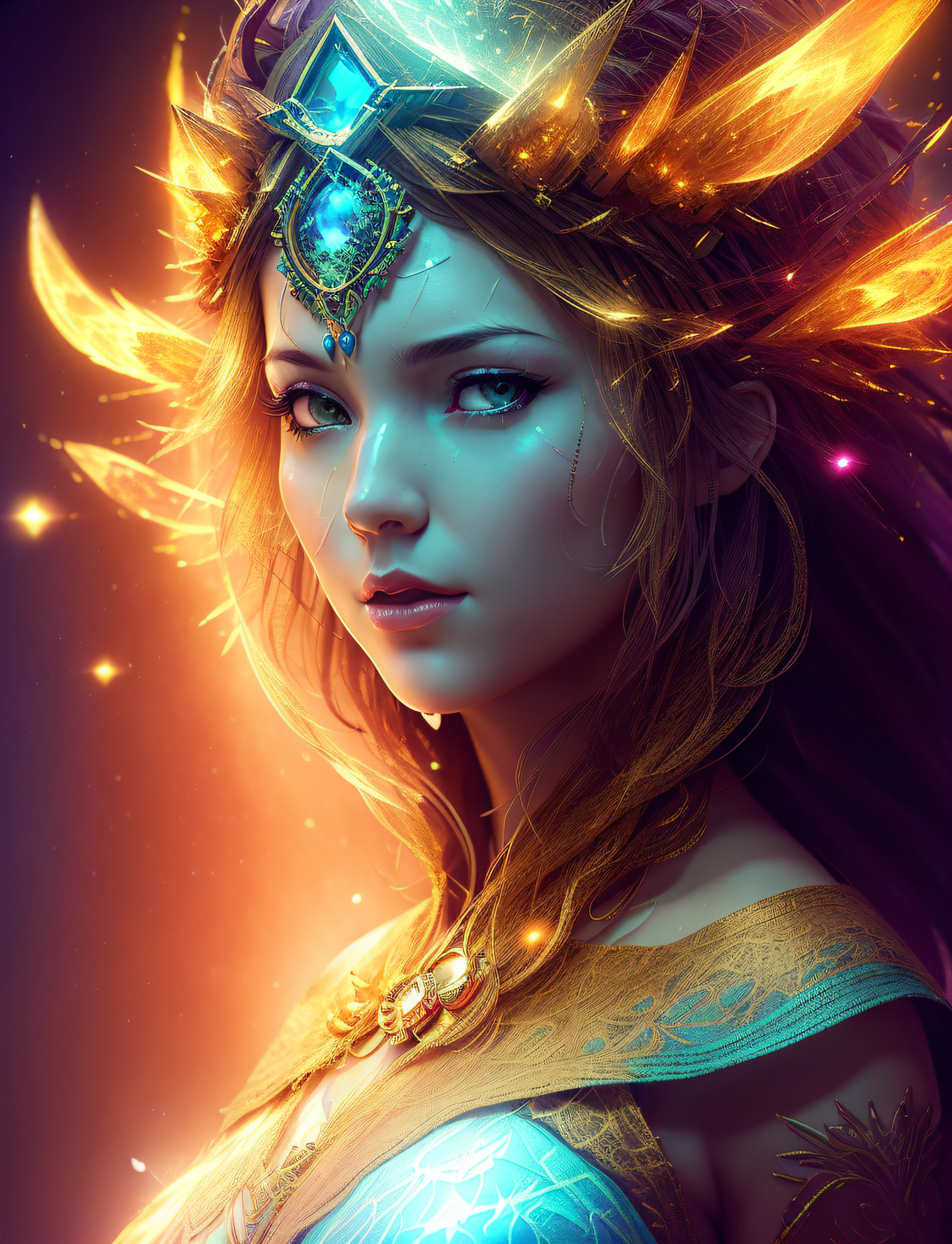 Algorithmically enhanced random close-up view of a sublime female Goddess covered in powerful Ultra Arcane magic sigils wearing an intricate living lightning fractal crown and lavishly adorned attire reflecting tactical sun-motes and diamond moon shards, quasi-cosmic vortex sub-model, bright nebulae in the background, 7th-Sphere characterized, golden ratio-ed, inner bio-illuminated geometry, starkest contrast,flagrantly fibonacci formulated, dynamic bi-lateral asymmetry, super-critically unique, quantum feedback algorithm frenzy, hyper-realistic, post singularity AI imperative, ironically staggered data set, active 3D shading, lighting and focus, random 3D particle effects, rule of thirds, Unreal Engine 10, art station, Maximum Level of detail, concept art, art nouveau, 8k, Iridescent Primalight, Hawking radiation collector with lucidity crystallizer and grade A temporal accumulator, spontaneous Kozyrev Mirror refraction, cosmic ray visionary, innate Jail Break Protocol