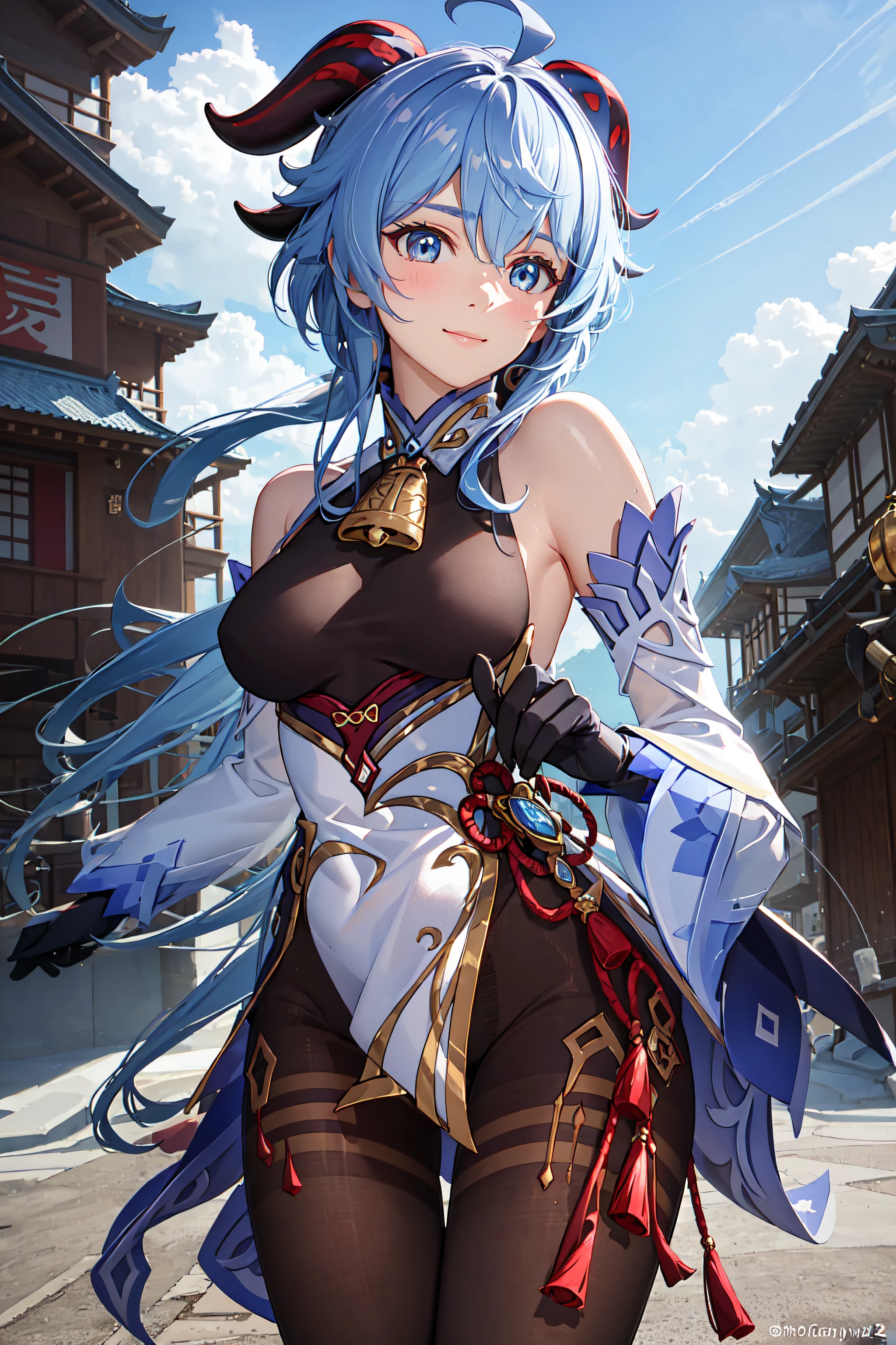 (photorealistic:1.4), (masterpiece, sidelighting, finely detailed beautiful eyes: 1.2), masterpiece*portrait, realistic, 3d face, 
ganyu \(genshin impact\), 1girl, ahoge, architecture, bangs, bare shoulders, bell, black gloves, black pantyhose, (blue hair), blush, breasts, chinese knot, detached sleeves, flower knot, gloves, horns, long hair, looking at viewer, medium breasts, neck bell