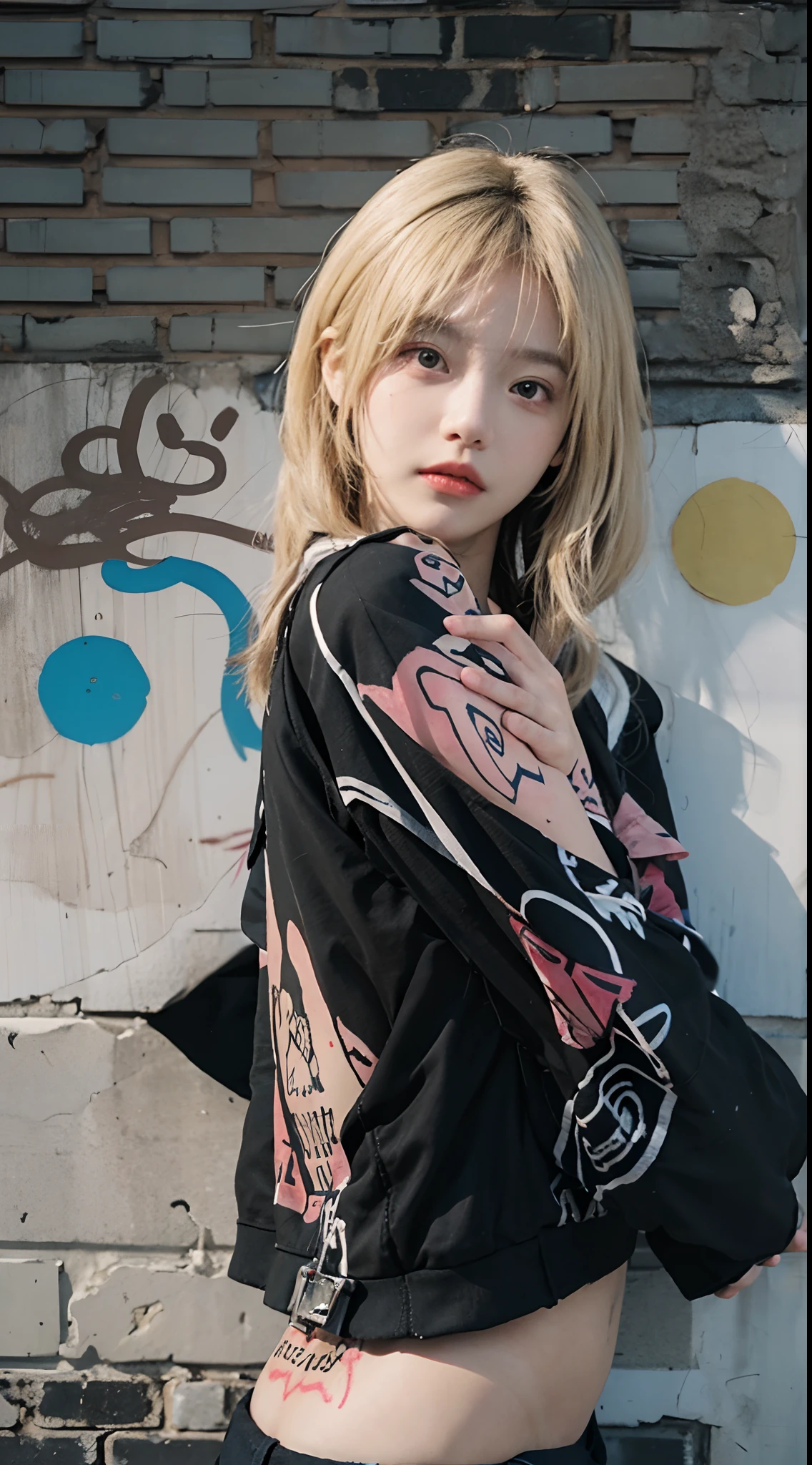 On a brick wall. Graffiti drawing. Against the background of white circles, A cute cool blonde rocker and a tattooed young girl dressed in black,