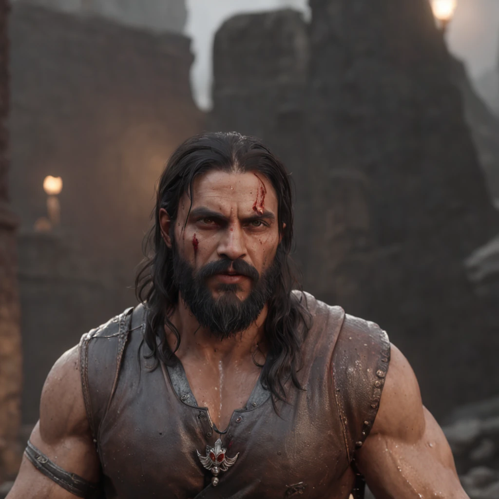 (professional 3d render:1.3) af (Realistic:1.3) most beautiful artwork photo in the world，Features soft and shiny male heroes, ((Epic hero fantasy sikh muscle man rough wet hero angry look long hair short beard and ferocious expression in dynamic pose, Fantastic location, Majestic cluttered environment)), full body 8k unity render, action  shot, skin pore, very dark lighting, heavyshading, Detailed, Detailed face, (vibrant, photograph realistic, Realistic, Dramatic, Dark, Sharp focus, 8K), (Old leather garments damaged by weathering:1.4), ((((Wear fur)))), (Intricate:1.4), decadent, (Highly detailed:1.4), Digital painting, rendering by octane, art  stations, concept-art, smooth, Sharp focus, illustration, Art germ, (loish:0.23), wlop ilya kuvshinov, and greg rutkowski and alphonse mucha gracias, (Global illumination, Studio light, volumettic light), heavy rain, particles floating, lotr, fantasy, elf, full bodyesbian, ((Dark and ancient city background:1.3)),CGSesociety,art  stations