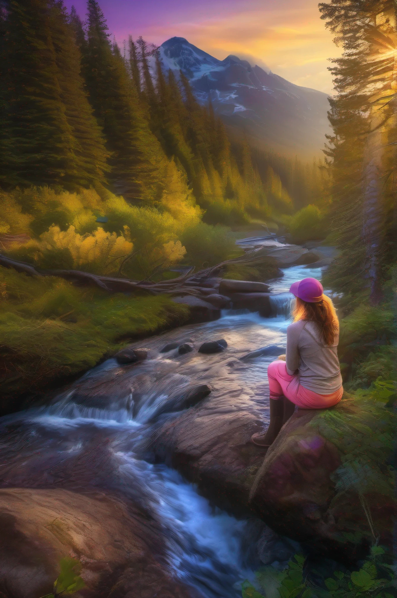 Sparkly mountain landscape, female hiker with beautiful brown hair in the foreground contemplating the climb, magical forest with a stream in the distance, dramatic lighting, purples, blues, greens, yellow sunrise, Colorado inspired