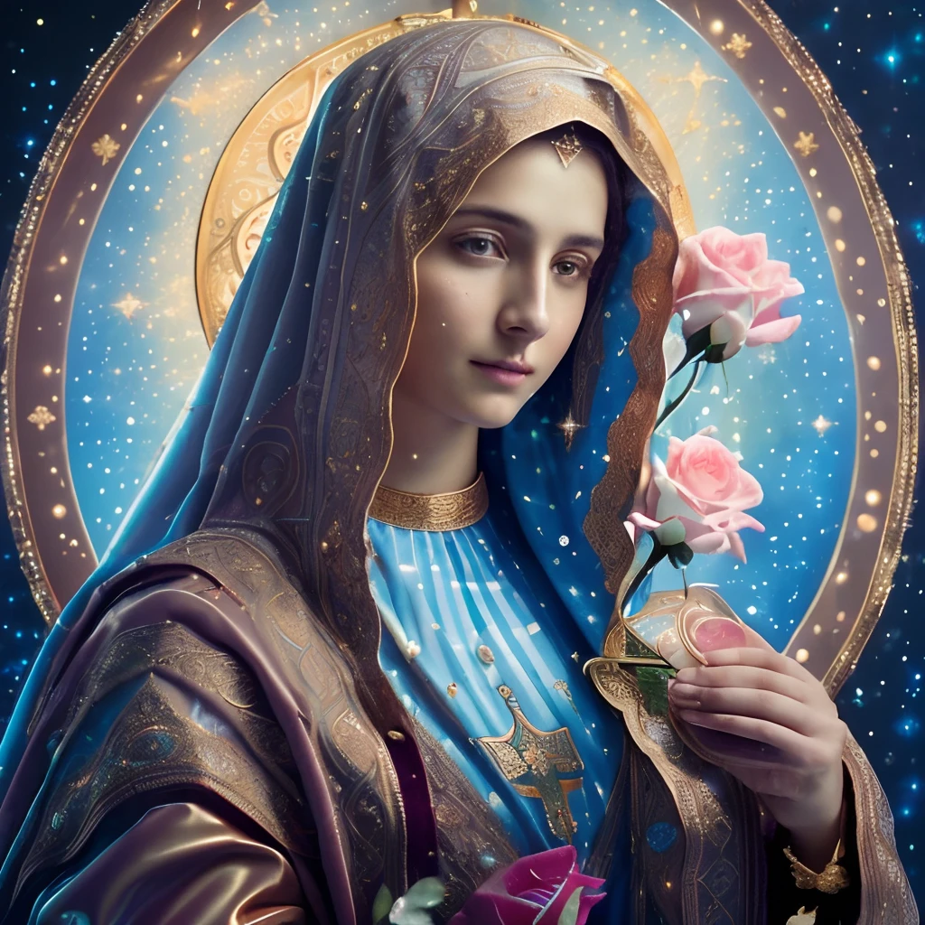(((Saint Virgin Mary. 19 years olinetic style))) ((( Con una cara seria y piadosa. Con una mirada dulce y tierna))) (obra maestra, calidad superior, mejor calidad, arte oficial, beautiful and aesthetic: 1.2), (1girl), extremadamente detallado, (Arte fractal: 1.3), colorido, highest detailed, Cara perfecta, parte superior del cuerpo, HDR, (orando: 1.3), (golden lines of white coat: 1.2), galaxia, (rayas de luz), eye-catching visuals, (dynamic stripes, senderos luminosos: 1.2), colores vibrantes,