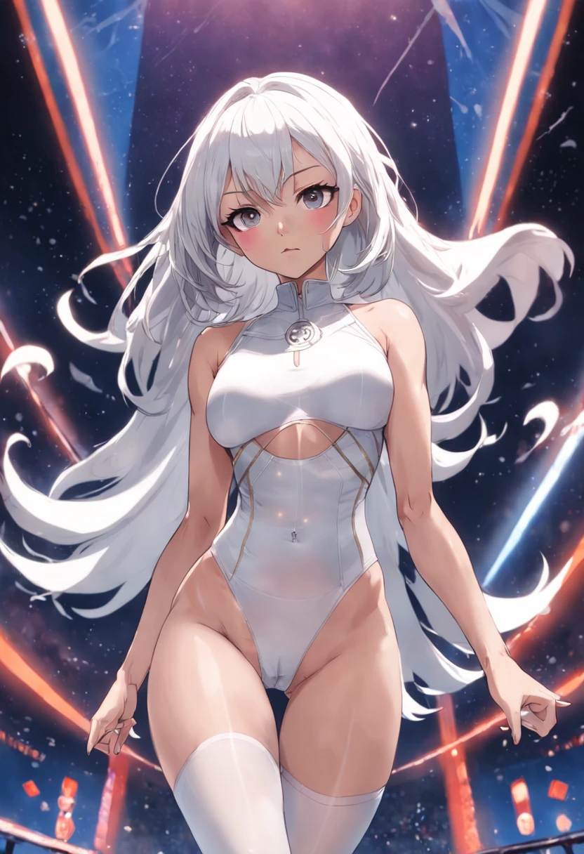 mulher bonita, 1 , Mulher de Cabelo branco, Postura de luta, Black pantyhosebloom, luvas pretas, sports bra, joias, coxas J. Cabelo branco, Bits, asymmetrical hair, (((roupas apertadas, see through, camelo, Bodysuit)))