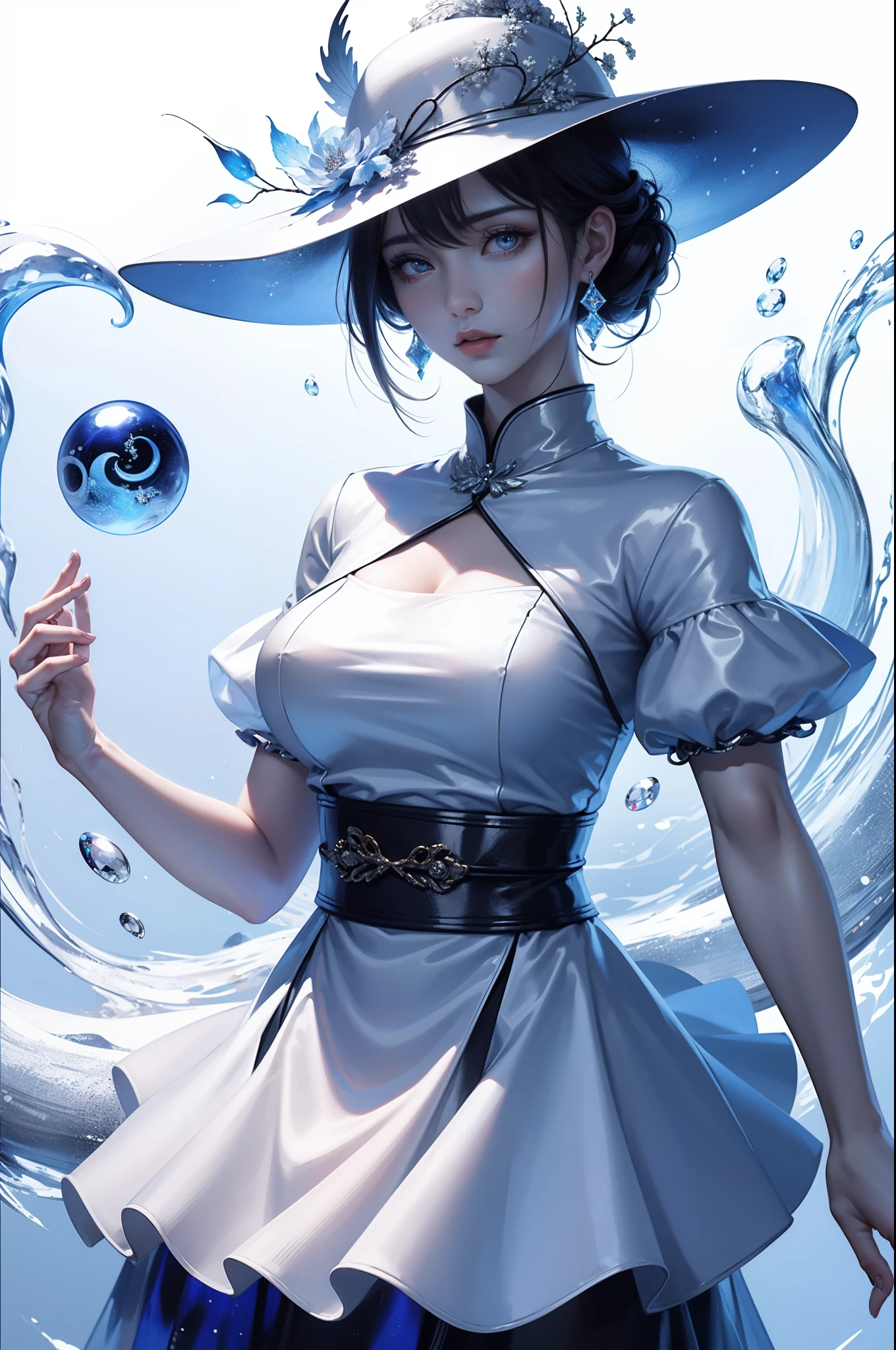 Gossip diagram，Yin and Yang Eyes，Taijitu，woman，Conservative attire，Poor milk，(Wearing a big hat)，Blue crane，Wearing a blue and red and white princess dress，Close-up of upper body，Close-up photos，jewelery，Visions of heaven and earth，diamond，carp，The background is the Milky Way，solar system