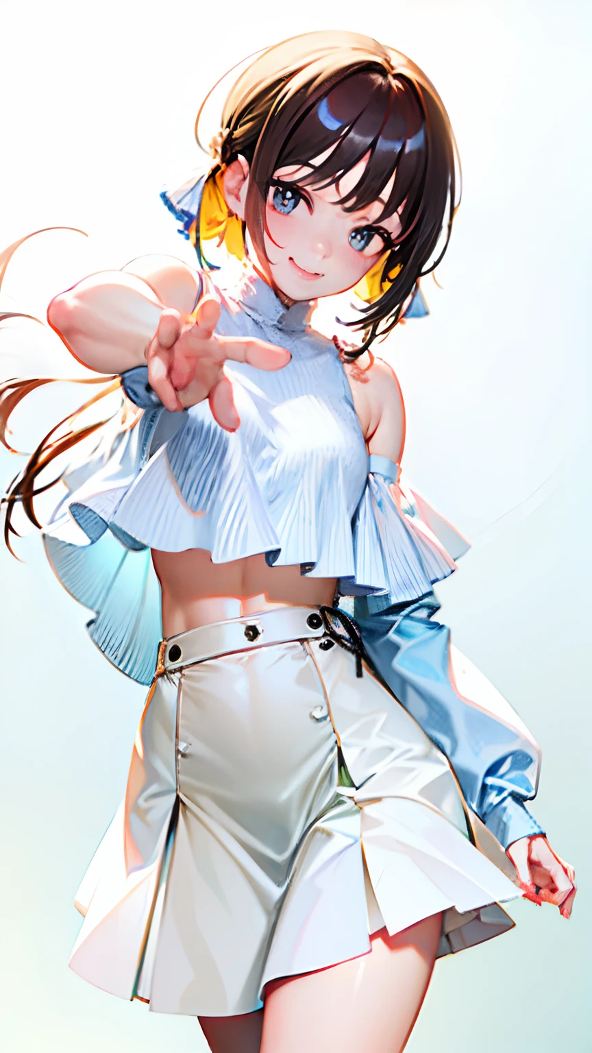 (8K、4K、Top image quality、hight resolution、超A high resolution:1.1)、(masterpiece、realisitic、Photorealsitic:1.1)、whip and petite short stature,,、Young and cute idol smile、(Huge breasts)(Clothed big breasts , Loli breasts,a miniskirt)Raw feet、Double piece with hands raised (White plain clothes ,Shoulder knitting,)