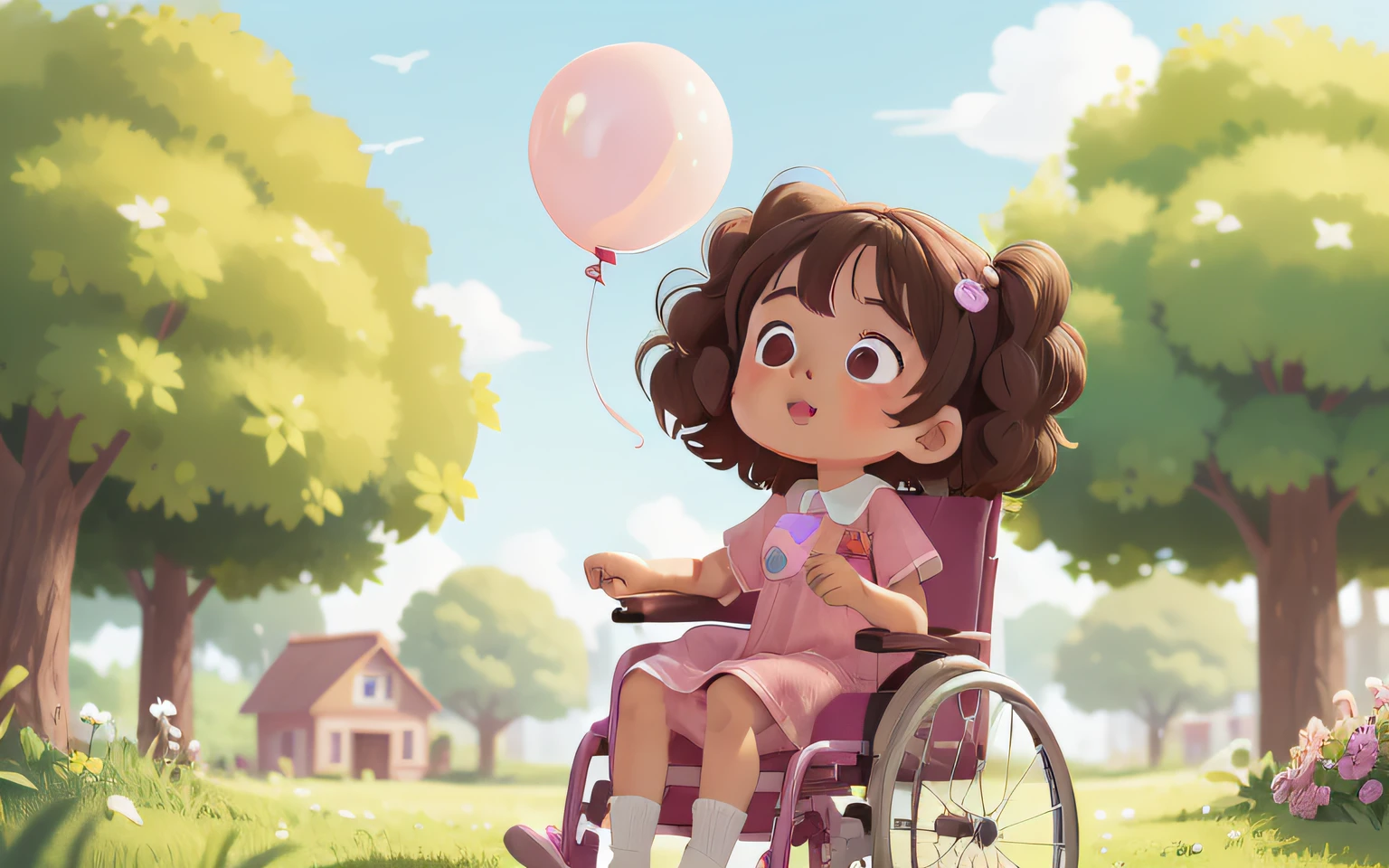 A girl with curly hair and brown eyes, age 0disabled in a wheelchair in a pink dress in a park, looking up at the sky and seeing a big bright balloon, with her special friends