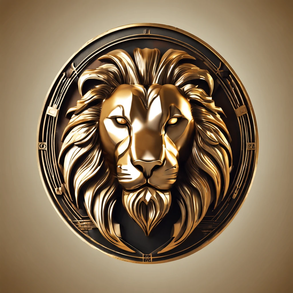 Make a logo with the head of a lion stylized in metal in gold color