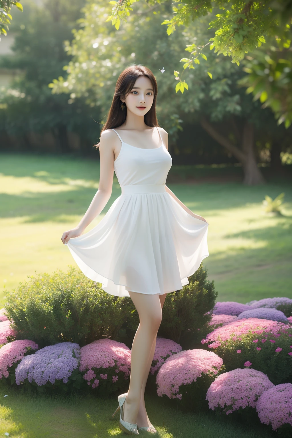 Masterpiece, Best quality,8K, 超高分辨率,Reallightandshadow,Cinema lenses,(beautidful eyes:1.1), ((中景 the scene is,The upper part of the body)),dynamicposes,On a green meadow,The gentle goddess came with gentle steps。She wore a white dress,A gentle breeze blows,The skirt dances lightly。The sun shone through the leaves in her hair,Reflecting her clear eyes and gentle smile。Colorful butterflies flutter around her,Flowers bloomed at her feet,It was as if nature was cheering for her。