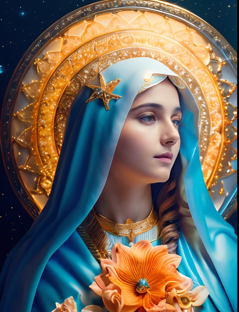 (((Saint Virgin Mary. 19 years olinetic style))) ((( Con una cara seria y piadosa. Con una mirada dulce y tierna))) (obra maestra, calidad superior, mejor calidad, arte oficial, beautiful and aesthetic: 1.2), (1girl), extremadamente detallado, (Arte fractal: 1.3), colorido, highest detailed, Cara perfecta, parte superior del cuerpo, HDR, (orando: 1.3), (golden lines of white coat: 1.2), galaxia, (rayas de luz), eye-catching visuals, (dynamic stripes, senderos luminosos: 1.2), colores vibrantes,