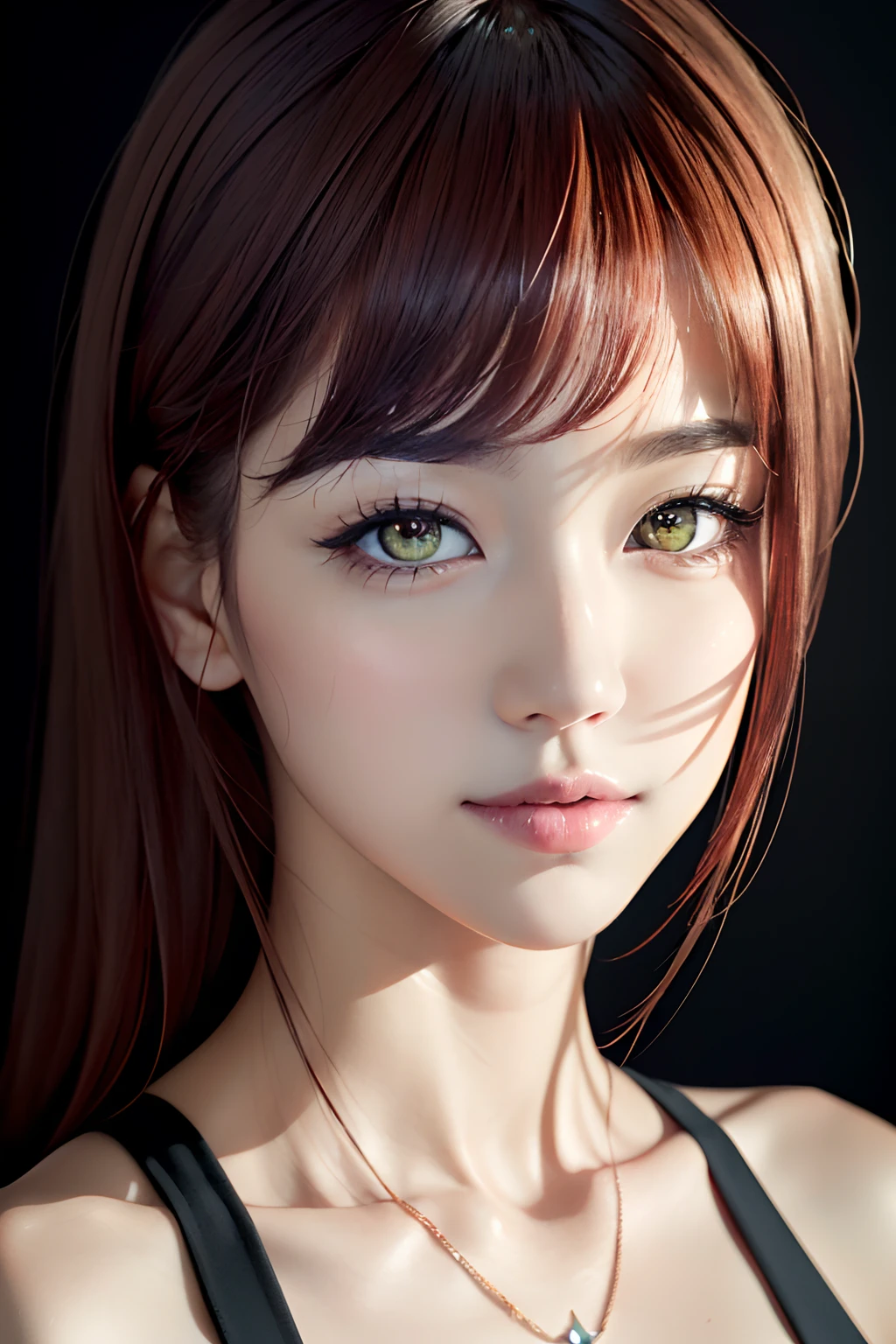 absurdres, 1girl, star eye, blush, (realistic:1.5), (masterpiece, Extremely detailed CG unity 8k wallpaper, best quality, highres:1.2), (ultra_detailed, UHD:1.2), (pixiv:1.3), perfect illumination, distinct, (bishoujo:1.2), looking at viewer, unreal engine, sidelighting, perfect face, detailed face, beautiful eyes, pretty face, (bright skin:1.3), idol, (abs), ulzzang-6500-v1.1, soft smile, upper body, (dark red hair), (simple background), ((dark background)), (depth of field), close-up, selfie