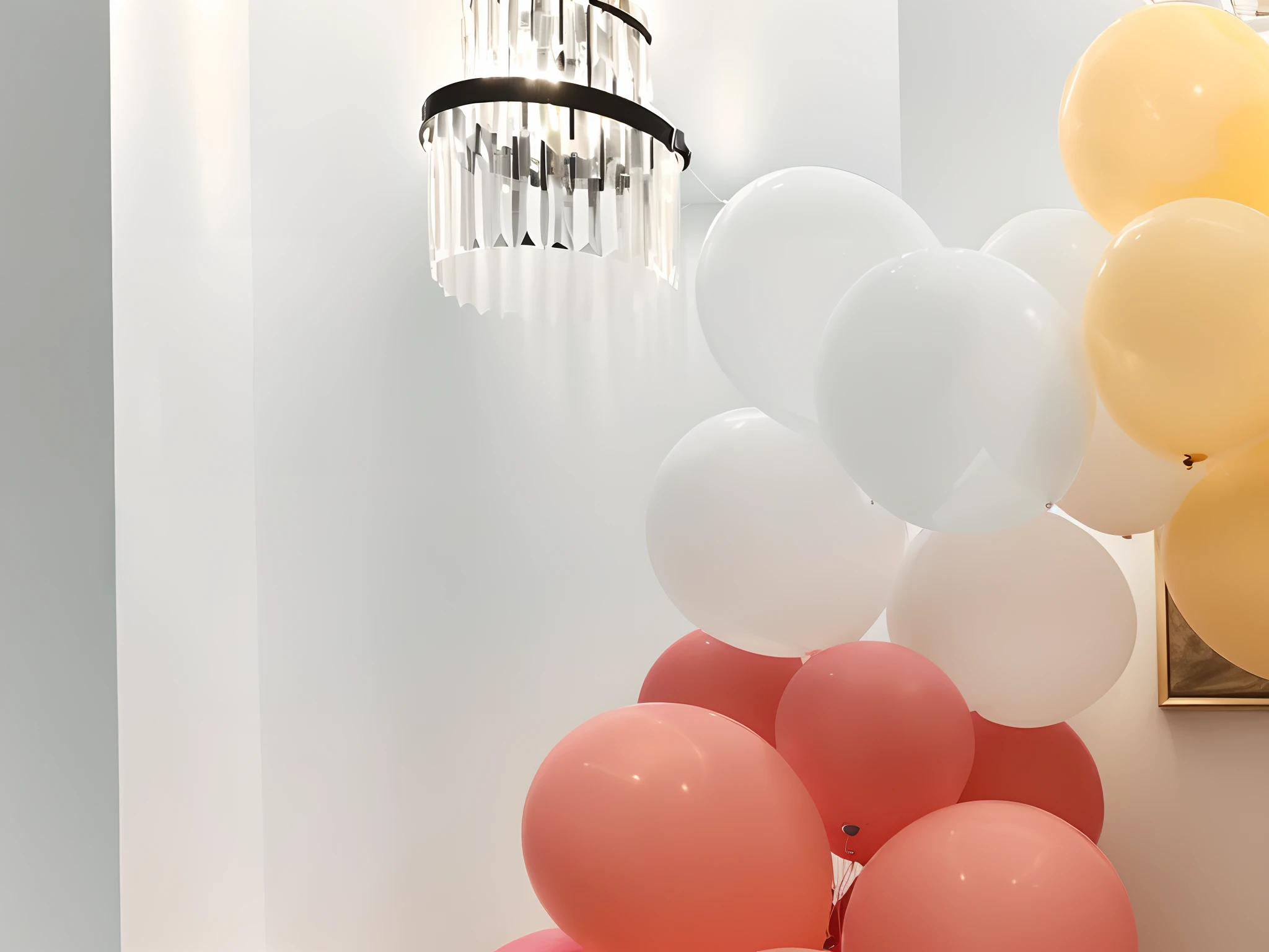 there are many balloons that are hanging from the ceiling, balloons, baloons, subtle vibrancy, pastel lighting, party balloons, balloon, light on top, high light on the left, bright details, mix of aesthetics, diy, lots of light, airy colors, bright happy atmosphere, lights on, hight decorated, pastel overflow, avant garde coral, subtle details