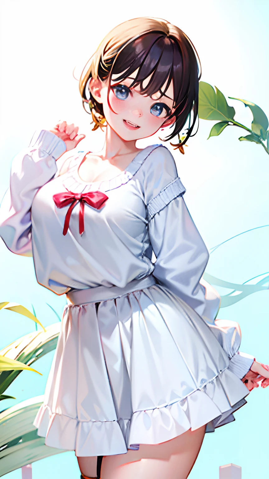 (8K、4K、Top image quality、hight resolution、超A high resolution:1.1)、(​masterpiece、realisitic、Photorealsitic:1.1)Elementary school girl、whip and petite short stature,,、Young and cute idol smile、(Huge breasts)(Clothed big breasts , **** breasts,a miniskirt）Raw feet、Double piece with hands raised (White plain clothes ,Shoulder knitting,）