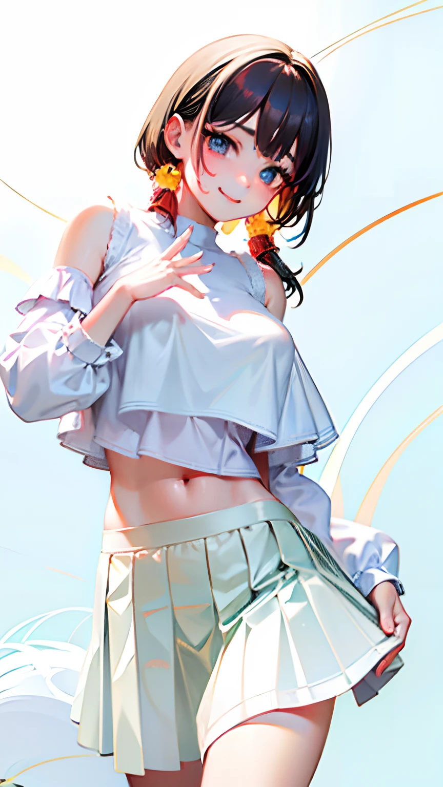 (8K、4K、Top image quality、hight resolution、超A high resolution:1.1)、(​masterpiece、realisitic、Photorealsitic:1.1)Elementary school girl、whip and petite short stature,,、Young and cute idol smile、(Huge breasts)(Clothed big breasts , Loli breasts,a miniskirt）Raw feet、Double piece with hands raised (White plain clothes ,Shoulder knitting,）
