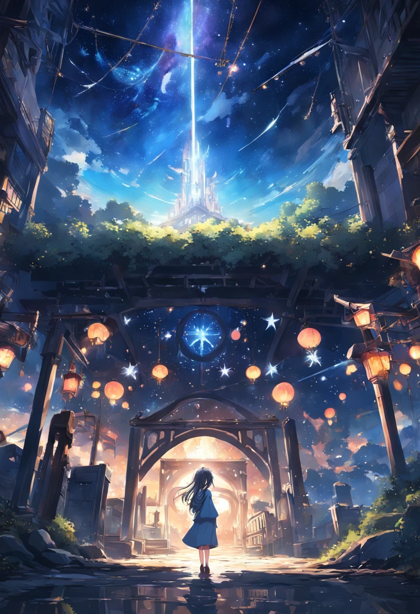 Faraway view、landscapes、Outrageous resolution、The top half is empty、Below is the ground、发光、Fantasia、clean blue sky、Lots of shining stars々、beautiful lighting、Bright lighting、Soft lighting、Lots of shining magic lights、Stars are falling from the sky、In the center stands someone、Travel from an abandoned town、There's something at the roots of a big tree