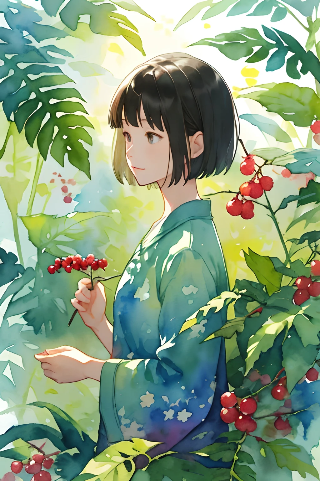 ((super detailed), #3b4195背景, beautiful flowers, berries, ferns, leaves, watercolor pattern of calming colors), (watercolor texture), ((1 girl), short hair, cute,