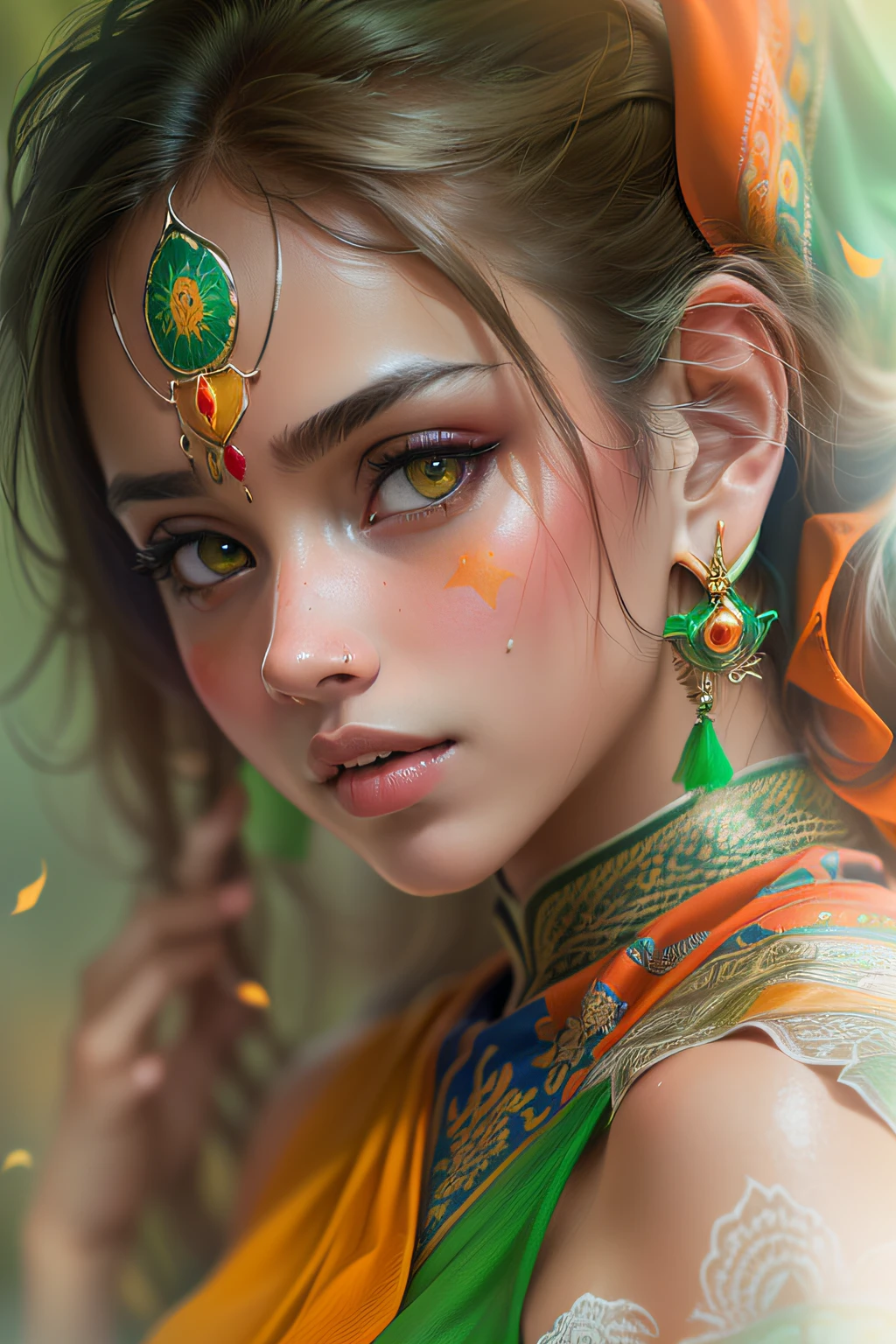 ((best quality)), ((masterpiece)), (detailed), (beautiful face), 1girl, Indian hindu girl, (((wearing indian national flag as saree))), (((Indian national flag waving in background))), tricolour flag with orange white and green, (fantasy illustration:1.3), captivating pose, sexy, natural breasts, NSFW, otherworldly charm, (Luis Royo:1.2), (Yoshitaka Amano:1.1), (high-resolution:1.2)