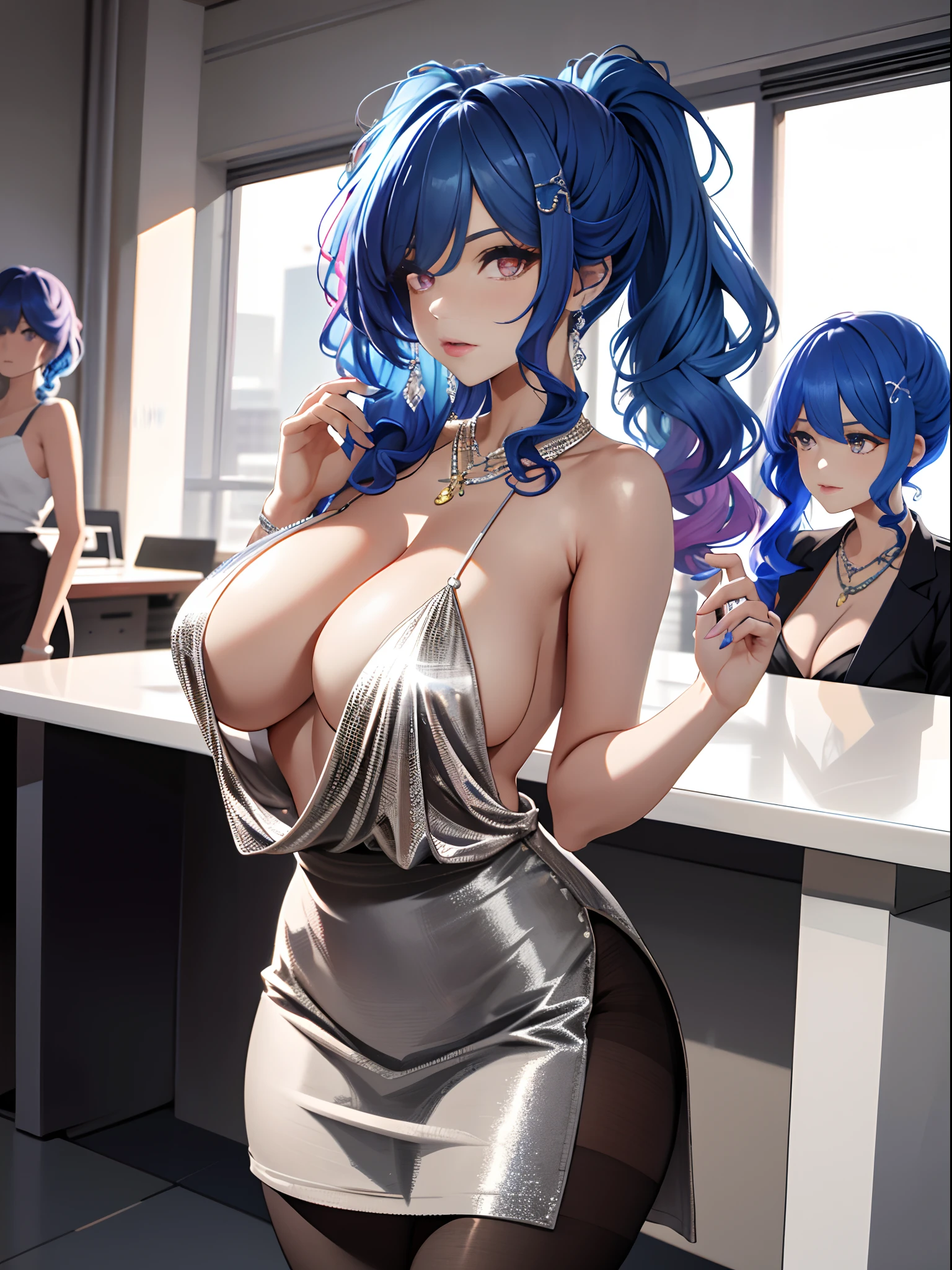 absurderes, 8K ,A high resolution, Ultra detailed, Beautiful, Masterpiece, Best quality, (Beautiful and delicate silver eyes), (3girl) ,Three sexy beautiful s in office OL (Office Lady),white button-down blouse,There is a collar,Black Slit Skirt,(Black pantyhose),Long legs ,Detailed legs,High heels,Side ponytail , bangs,full bodyesbian,Big breasts,cleavage,Cyan hair,Blue hair,Pink hair,