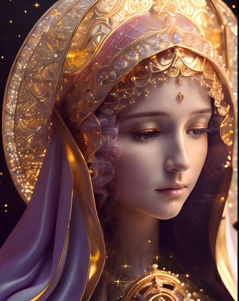 (((Saint Virgin Mary. 19 years olinetic style))) ((( Con una cara seria y piadosa. Con una mirada dulce y tierna))) (obra maestra, calidad superior, mejor calidad, arte oficial, beautiful and aesthetic: 1.2), (1girl), extremadamente detallado, (Arte fractal: 1.3), colorido, highest detailed, Cara perfecta, parte superior del cuerpo, HDR, (orando: 1.3), (golden lines of white coat: 1.2), galaxia, (rayas de luz), eye-catching visuals, (dynamic stripes, senderos luminosos: 1.2), colores vibrantes,