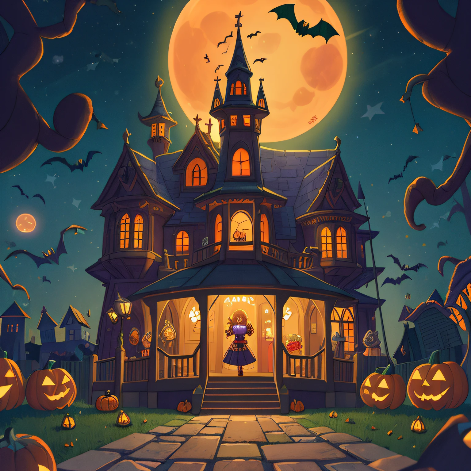 (best quality, high quality:1.3), CG, dramatic lighting, highly detailed, bokeh, halloween costumes, trick or treating, midnight, haunted house, pumpkin lamps, full moon, porch floor halloween invitation,