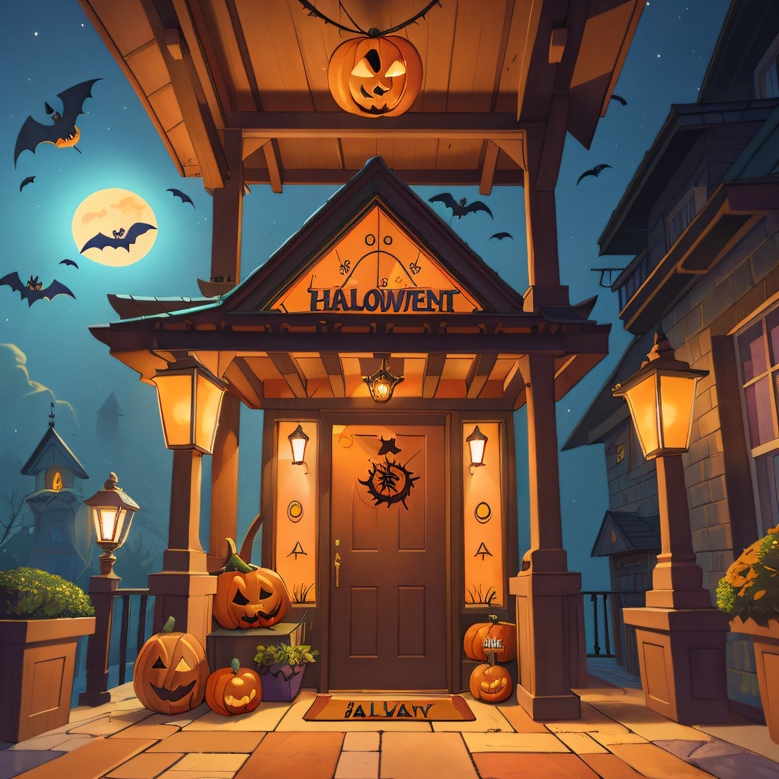 (best quality, high quality:1.3), CG, dramatic lighting, highly detailed, porch floor halloween invitation,