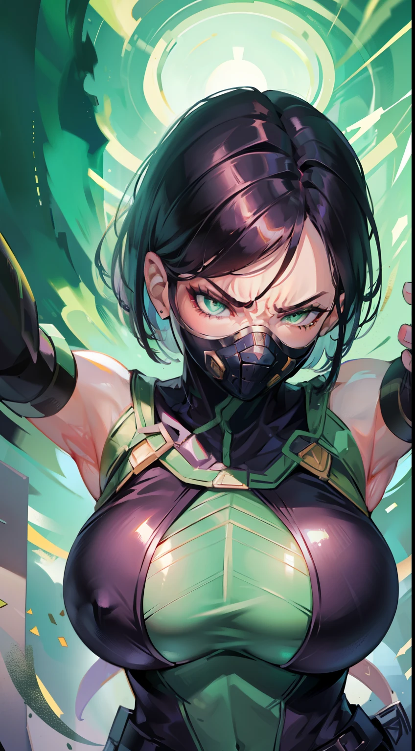 Masterpiece, Best quality, 《Fearless viper》, tightsuit, mitts, belt, thigh boots, respirator, view the viewer, face, Portrait, Close-up, Glowing eyes, green smoke, Black background,huge tit，Raised chest，Close-up of a woman's legs，chest focus，Woman in bikini，angry look，Extremely erotic figure，Staring angrily at the screen