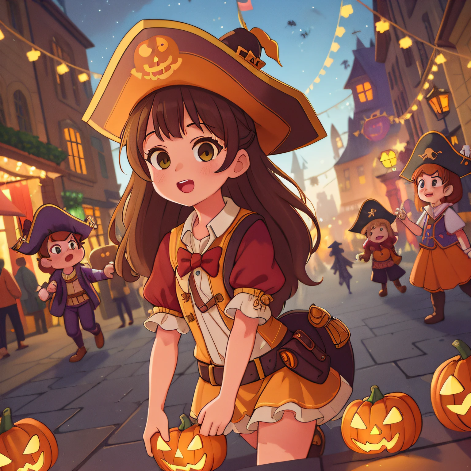 (best quality, high quality:1.3), CG, dramatic lighting, highly detailed, Bokeh, town square full of people dressed up for halloween, a cute 10 year old girl  named lilly, wearing a pirate costume